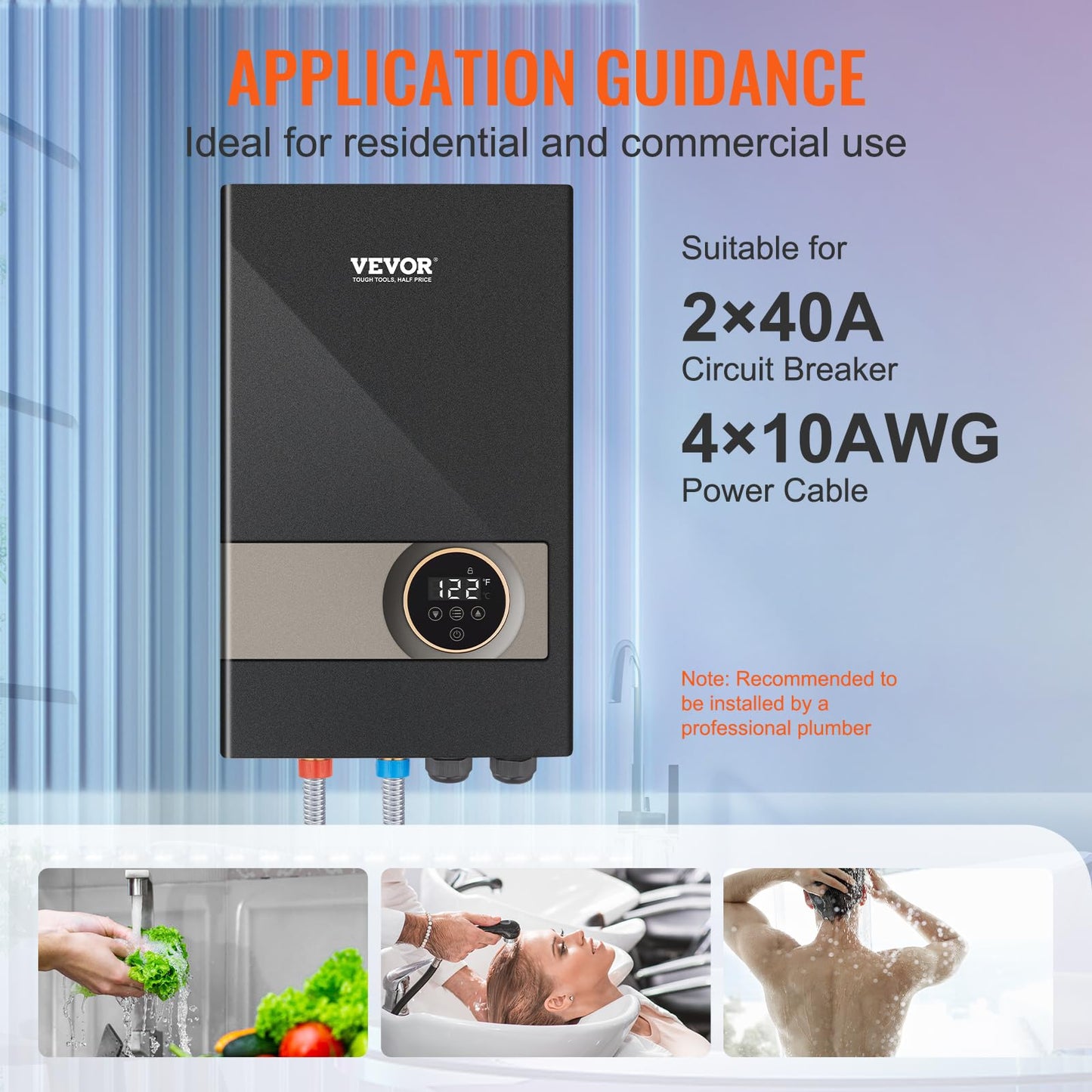 VEVOR Tankless Water Heater Electric, 18KW 240V Black Instant Water Heater, LCD Touch Screen, Digital Temperature Display, Child Security Lock, On Demand for Bathroom, Kitchen, Shower, Mall, Salon