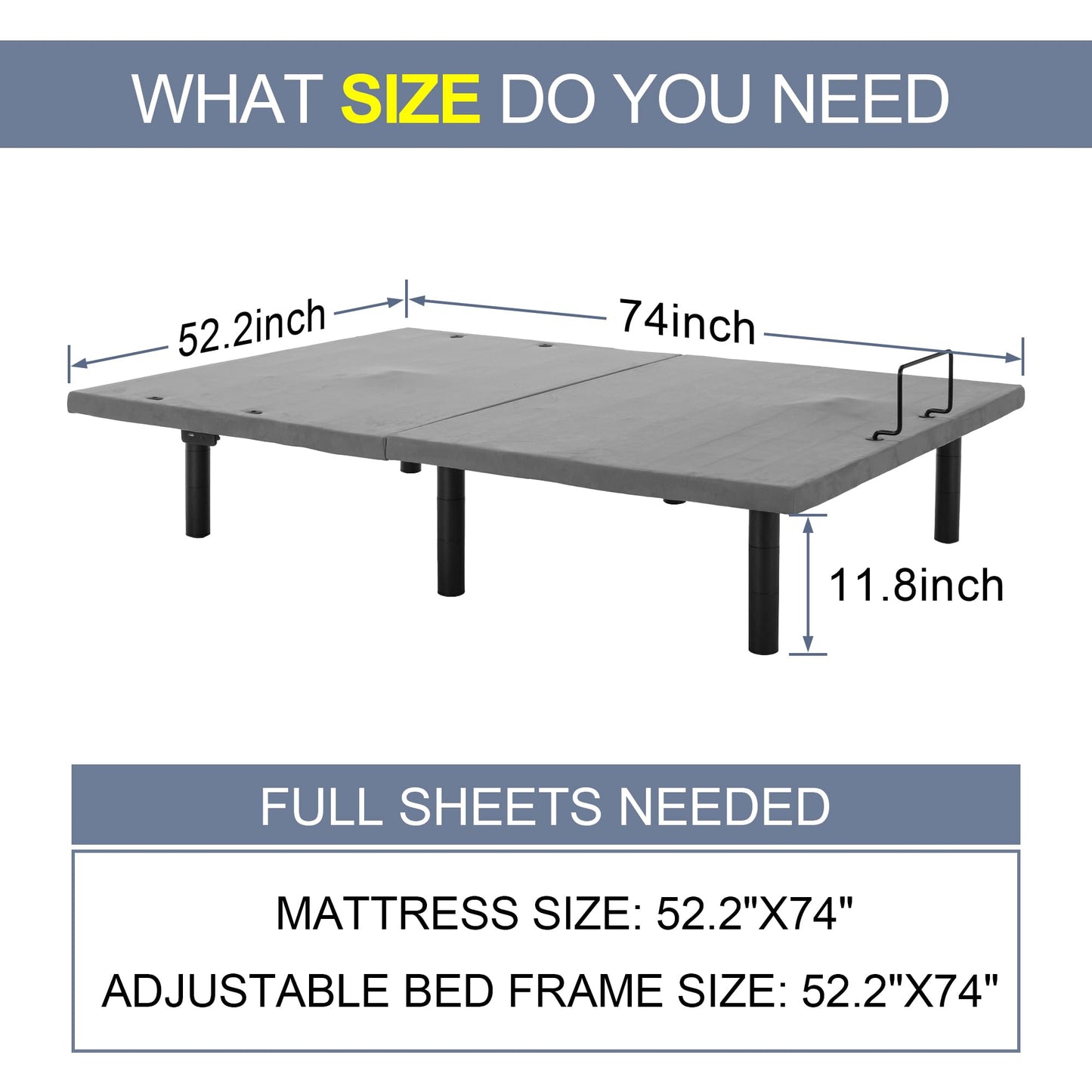 Fromann Adjustable Electric Full Bed Base Frame with Massage, USB Type-C Ports, Zero Gravity, Under Bed Led Lighting and Three Leg Height (Grey)