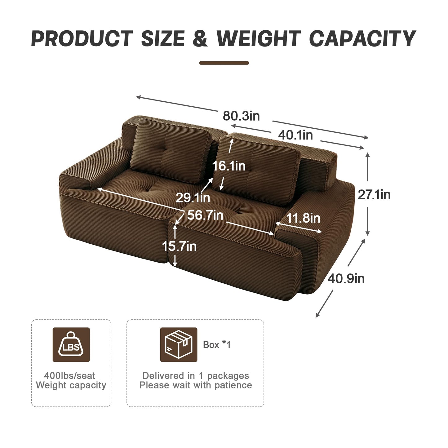 KEIKI 80" Oversized Corduroy Modular Sectional Loveseat Sofa with High-Density Foam Cushion & 2 Pillow, Upholstered Anti-slip Design 2-Seater Tufted Couch, No Assembly Required, for Living Room, Brown