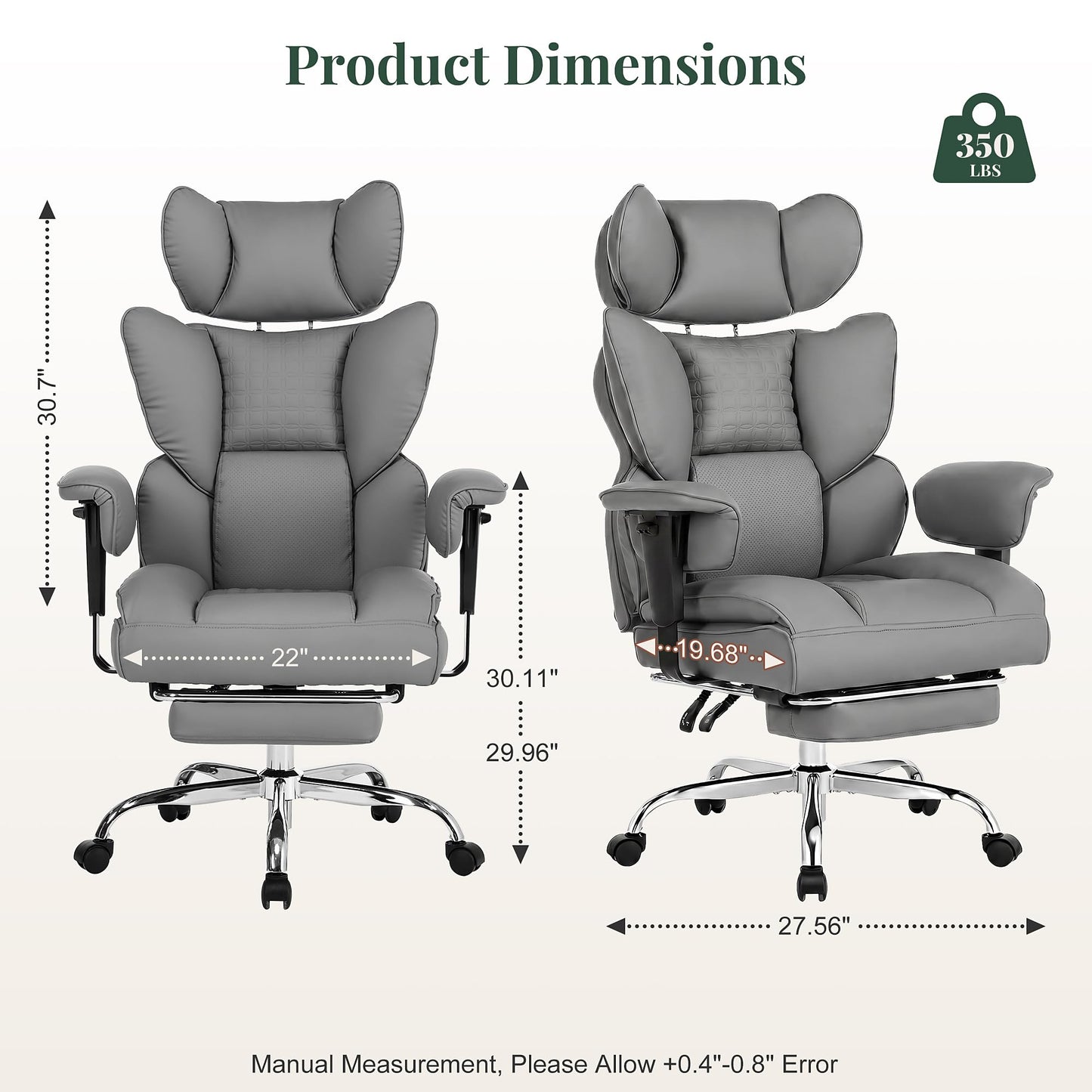 HAPPYMONT Big and Tall Ergonomic Office Chair,350 lbs,High Back Reclining PU Leather Gaming Chair with Footrest, Adjustable Armrests, Lumbar Support, Executive Desk Chair for Home Office, Grey