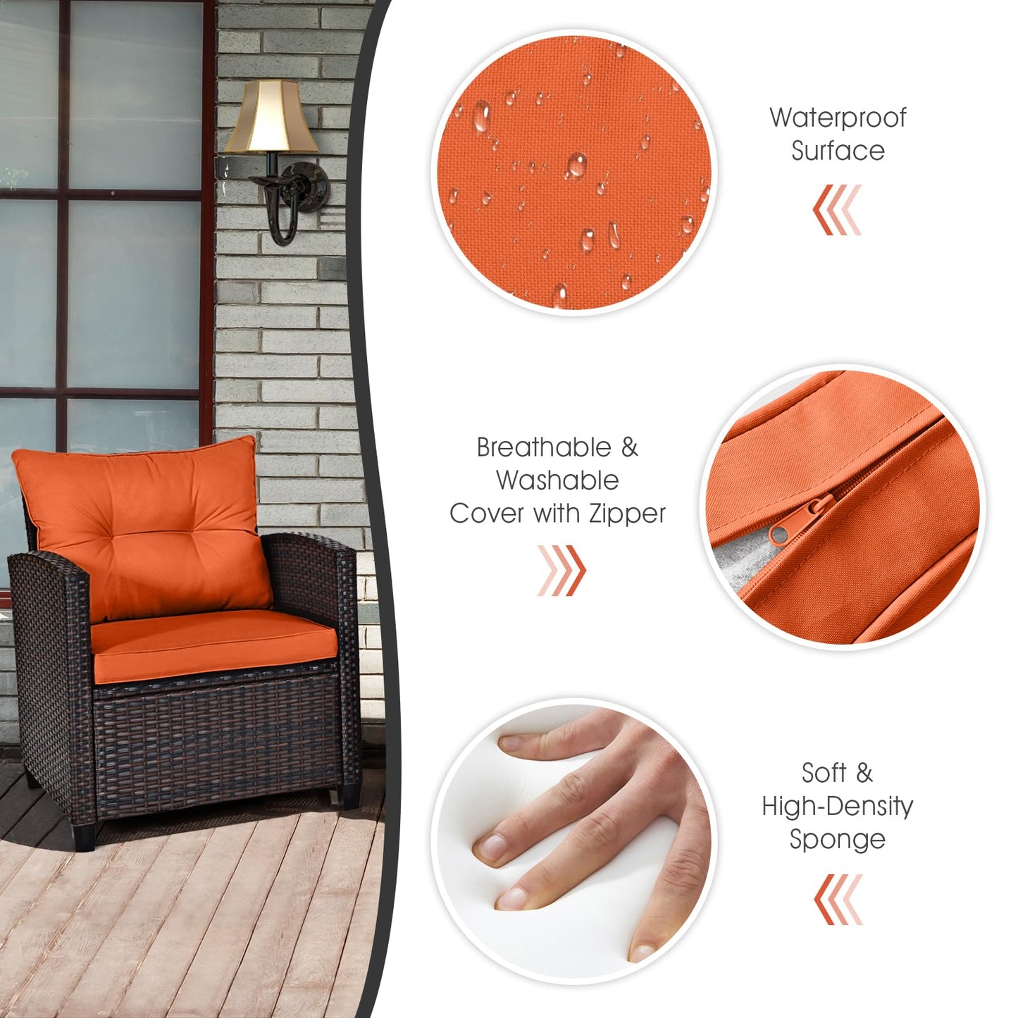 COSTWAY 3PCS Patio Furniture Set, PE Rattan Wicker Sofa w/Washable Cushion and Coffee Table, Tempered Glass Tabletop, Outdoor Conversation Set for Balcony, Porch, Yard, Backyard, Lawn (Orange)