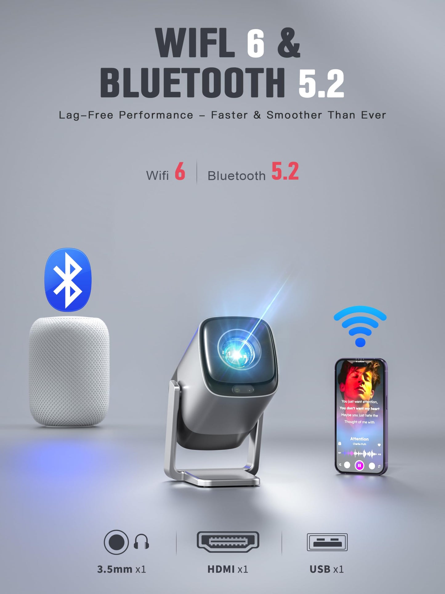 [Compatible with Netflix & TOF Real-time Focus] Mini Projector with WiFi and Bluetooth, XuanPad Silver Smart Projector 4K Support, Dolby Audio & Keystone, 210° Rotatable Stand for Home