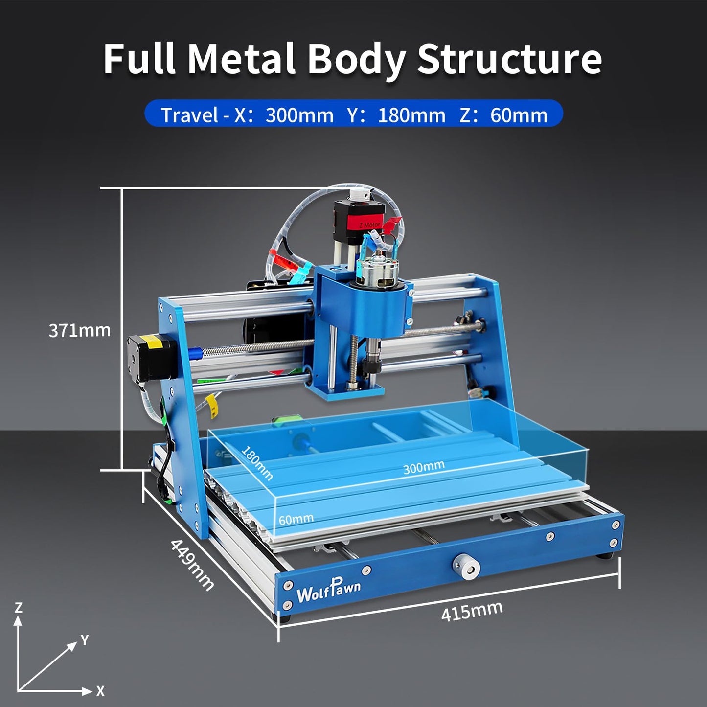 WolfPawn 3018 CNC Machine All-Metal CNC Router Machine, with Emergency-Stop 3 Axis Plastic Acrylic PCB PVC Wood Carving Milling Engraving Machine, XYZ Working Area 300x180x60mm