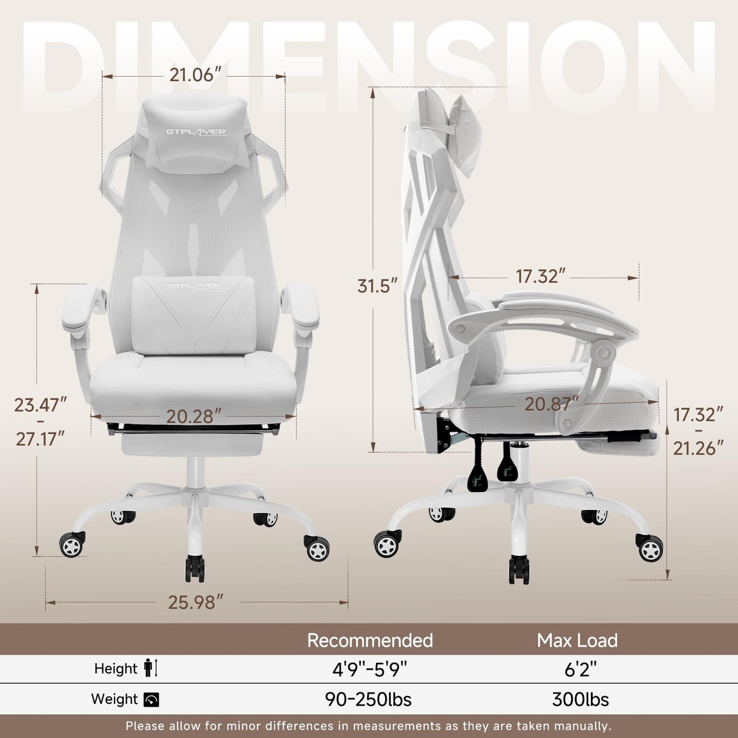 GTPLAYER Computer Chair with Adjustable Footrest, Ergonomic Gaming Chair with Headrest and Lumbar Support, Breathable Mesh Office Chair for Adults, High Back Reclining Desk Chair for Gaming and Office