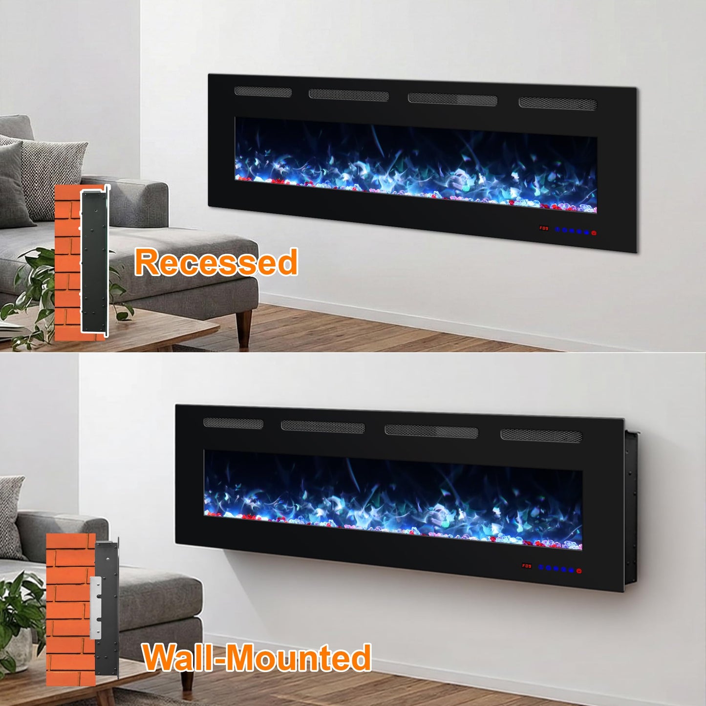 Oxhark Flame 72 Inches Electric Fireplace, Wall Mounted Fireplace Inserts Electric Heater, Flame Effects Like Real Flame, Low Noise, Timer & Thermostat Setting, 750W/1500W