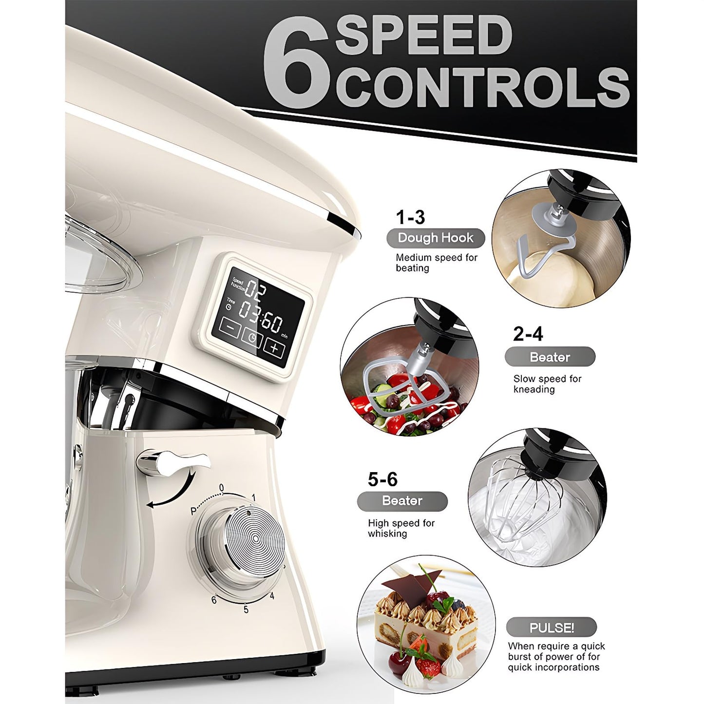 Stand Mixer with LED Display & Timer 6.5QT Stainless Steel Bowl, 1350W 6-Speeds Electric Kitchen Stand Up Mixer for Baking Cakes Cookie Bread Salad Food with Egg Whisk, Dough Hook, Beater - White