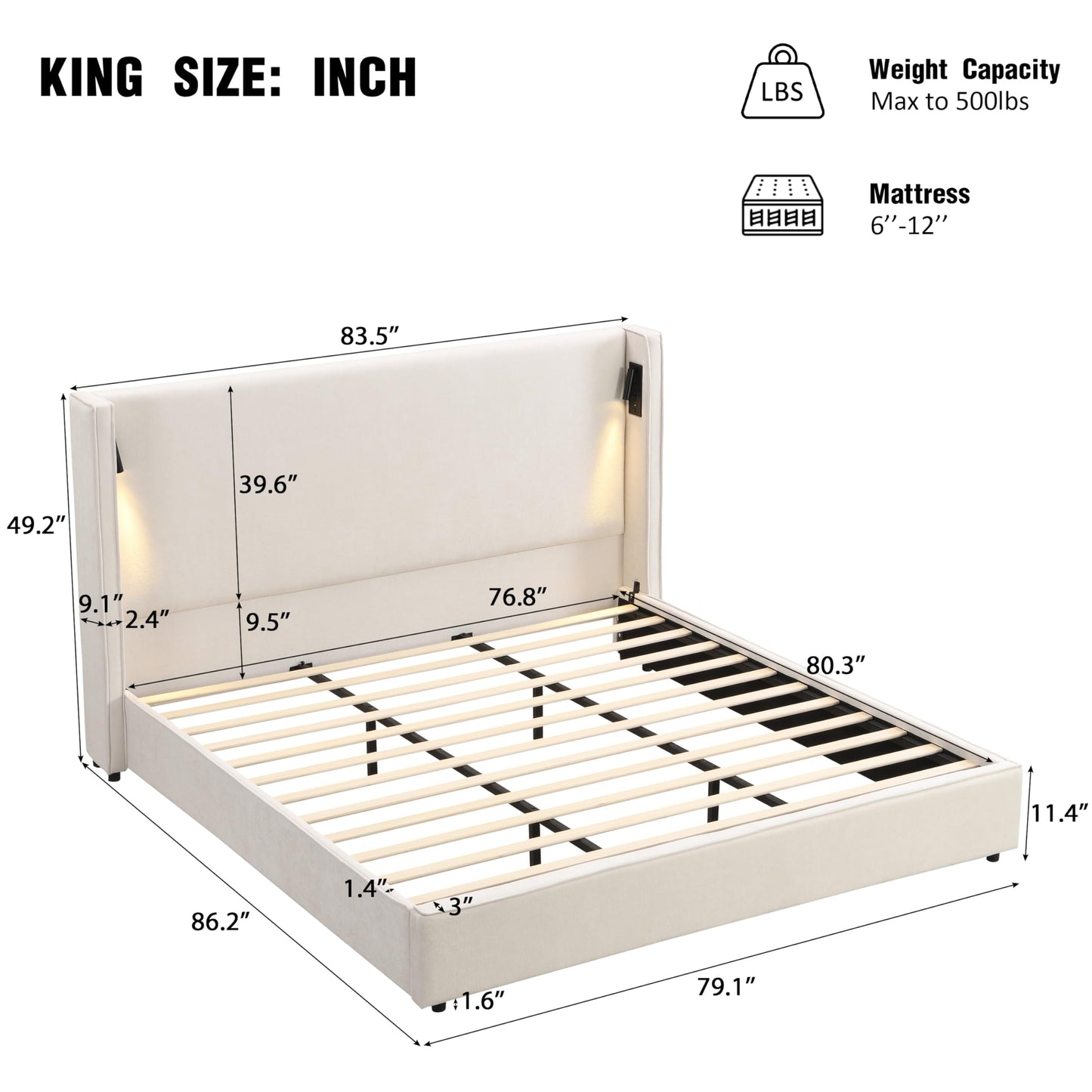 Christopher Knight Home Hazel 49.20" H King Headboard Bed, Upholstered King Size Bed, Slats Panel Support Platform, No Spring Box Needed, Wingback Headboard with Reading Lamps and USB, Beige