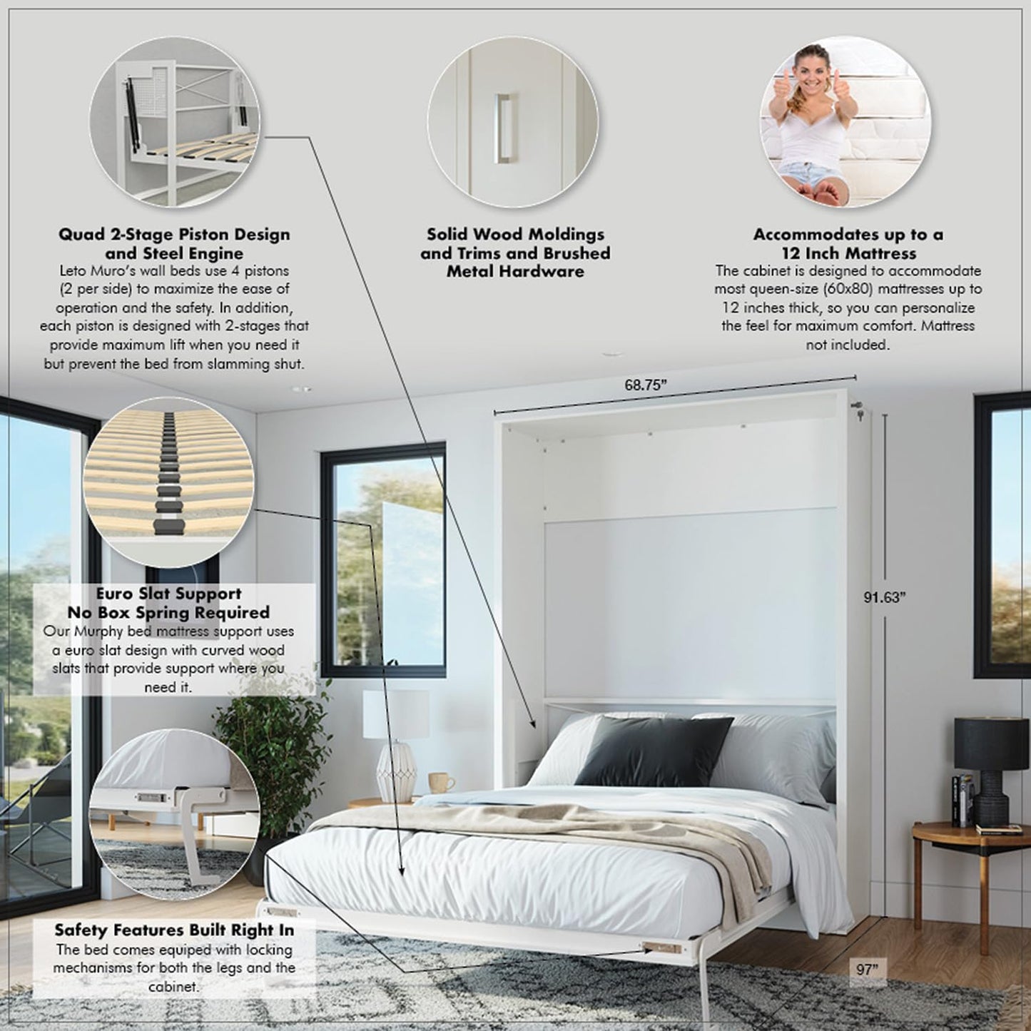 Xtraroom Azores Queen Murphy Bed | Engineered and Solid Wood Construction - No Melamine Used | Smooth Painted Finish | Queen Size Murphy Bed Cabinet | Wall Bed