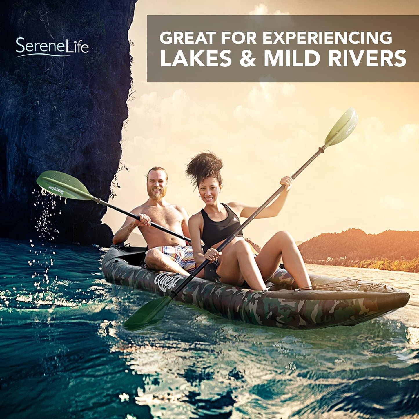 SereneLife Inflatable 2-Person Kayak – Durable PVC Kayak for Fishing with Aluminum Paddles, High-Output Pump, Repair Kit & Bag, Lightweight, Portable Design for Lakes & Rivers, (Camouflage)