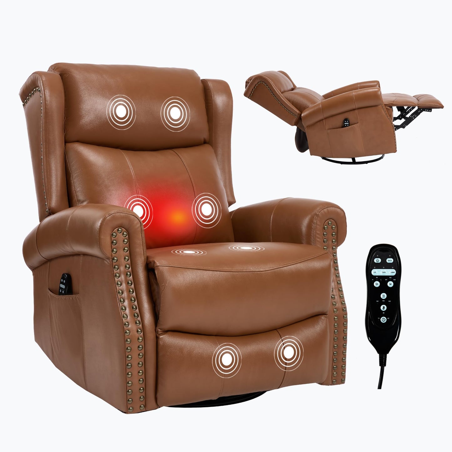 KEIKI Heat Massage Recliner Chair with Rocker & 360° Swivel, Manual Handle Reclining Lounge Chair with Lumbar Heat, Vibration Massage & Cushion Back for Living Room, Dark Yellow