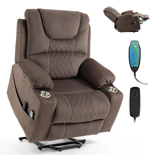 RHHVVR Oversized Power Lift Recliner Chair for Big and Tall 400 LBS Elderly, 26" Large Electric Recliner Chair with Massage and Heating, Lay Flat Zero Gravity Recliner Sofa, Velvet Coffee Brown