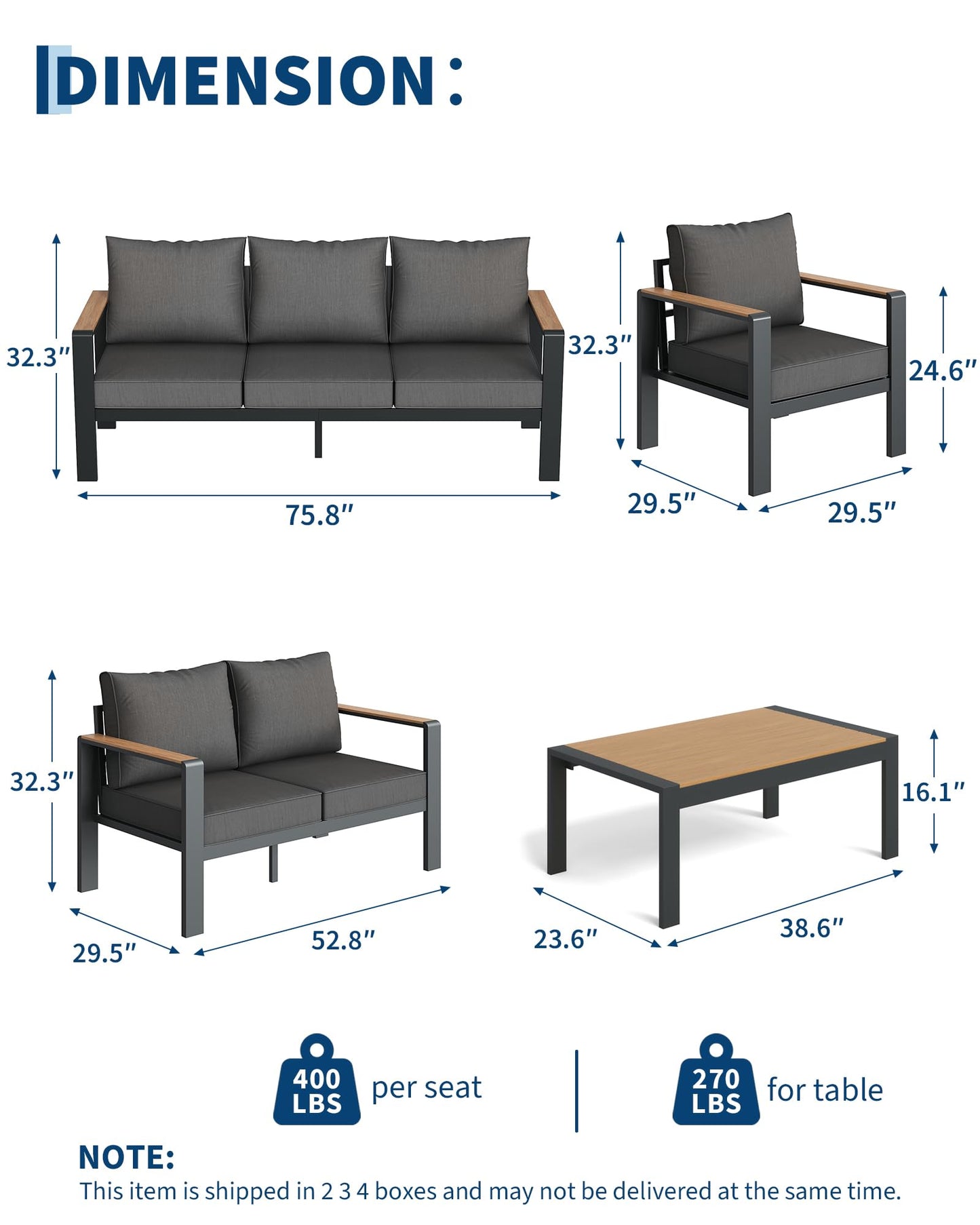 Garvee Aluminum Patio Furniture Set 7 Seats, Generous Outdoor Sectional with Washable Thick Cushions and Coffee Table, Patio Conversation Sets for Porch, Balcony, Deck, Yard
