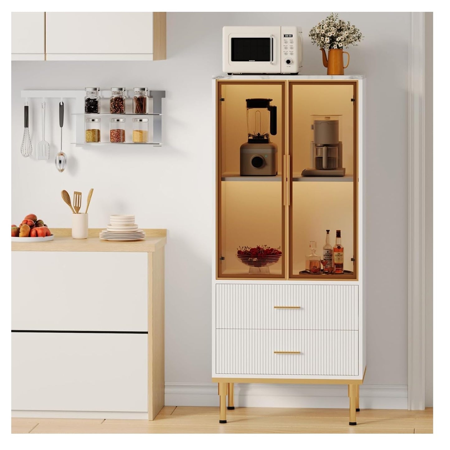 MERXENG Fluted Glass Door Storage Cabinet w/Adjustable Shelves & 2 Drawers | White Contemporary Display Unit for Kitchen Pantry or Living Room Storage