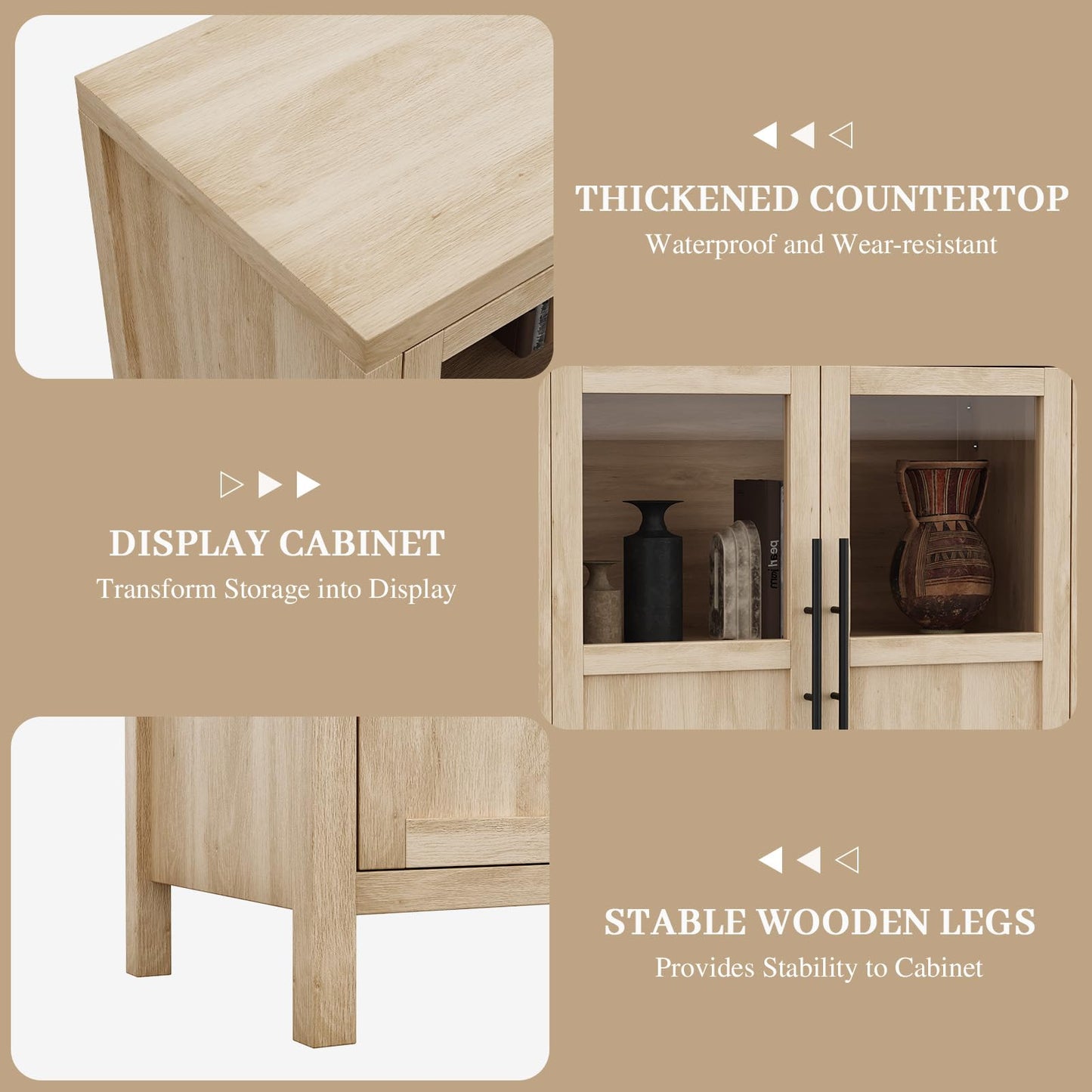 GarveeLife Sideboard Buffet Cabinet with 4 Glass Doors, 55 Inch Coffee Bar Wine Display Cabinet, Modern Storage Console for Kitchen Dining Room Living Room, Natural