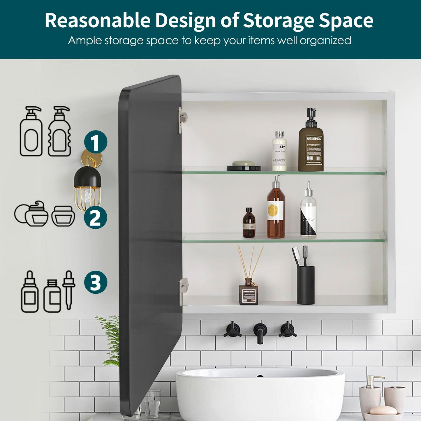 Movo 24 inch X 22 inch Medicine Cabinet with Mirror,Black Medicine Cabinets for Bathroom,Adjustable Glass Shelves, Waterproof and Rust-Resist,Recessed or Surface Mount Medicine Cabinet