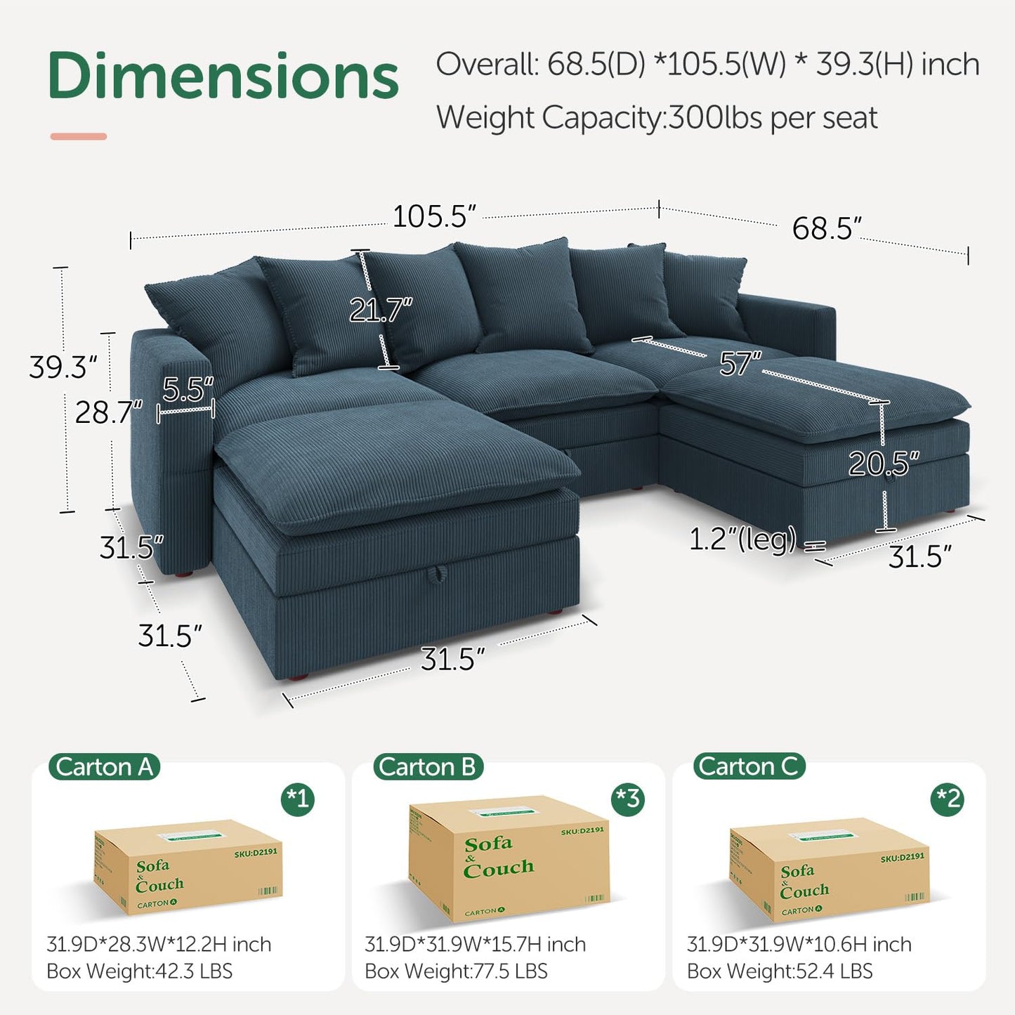 HONBAY Modular Sectional Sofa, 105.5 Inch Deep Seat U Shaped Couch with Storage & Adjustable Armrest Backrest, Blue