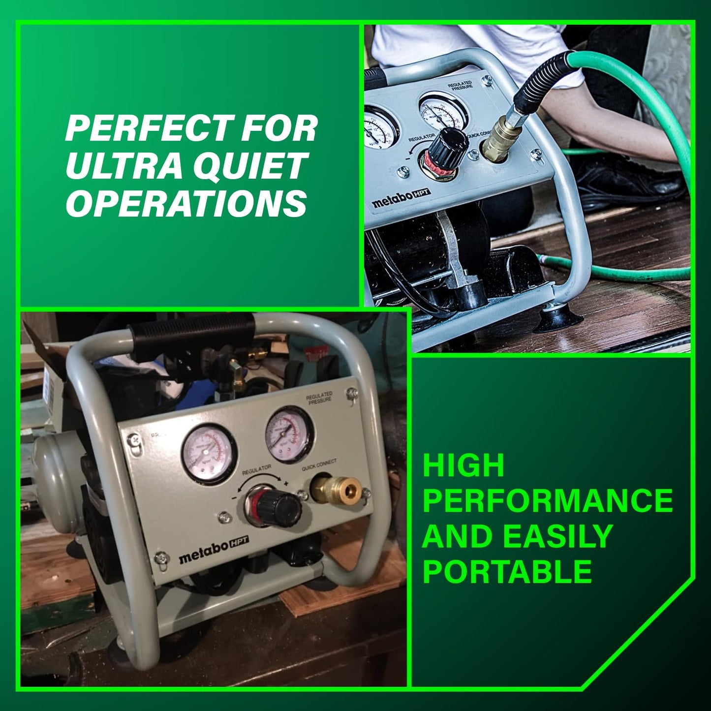 Metabo HPT Quiet Air Compressor, Portable 1 Gallon Oil-Free Air Compressor, Ultra-Quiet Operation at 59 dB, Universal Quick Coupler for Fast Tool Changes, Compact and Lightweight, EC28M