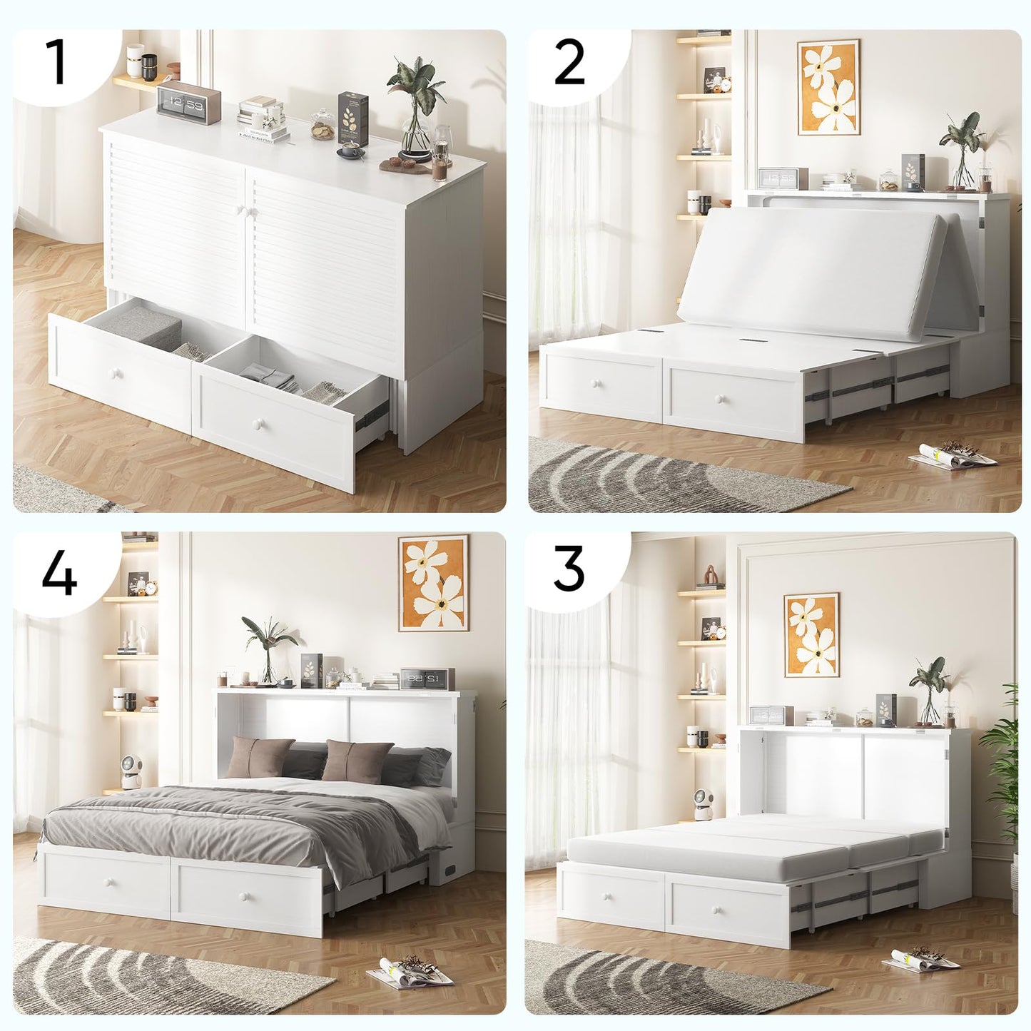 PUREMIND Queen Murphy Bed with Mattress Included, Murphy Bed Cabinet with Storage Drawer, Charging Station, Headboard, Space Saving Wall Beds for Guest Room