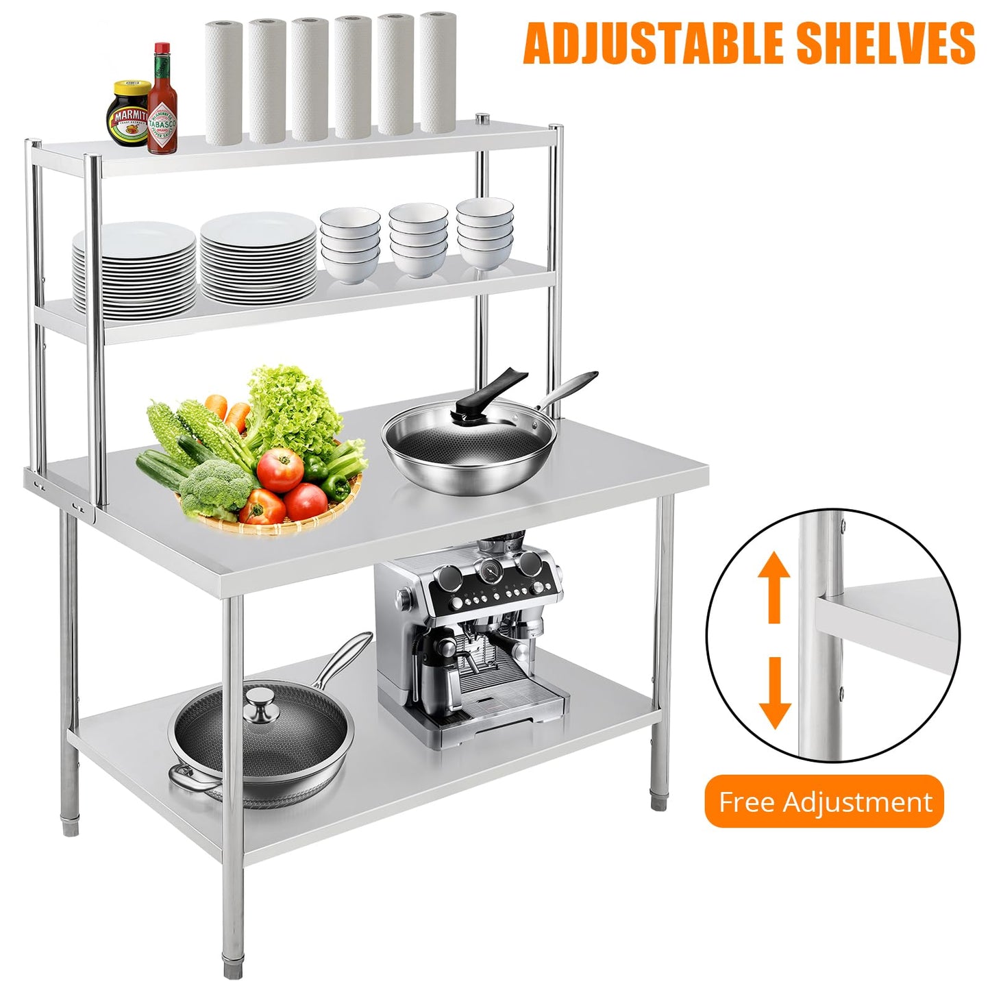 Patikuin Heavy Duty Stainless Steel Prep Table - Seamless Workbench with Adjustable Overshelves and Storage Shelf - Space-Saving Solution for Commercial Kitchen, Restaurant, Home, or Garage - 48x30in