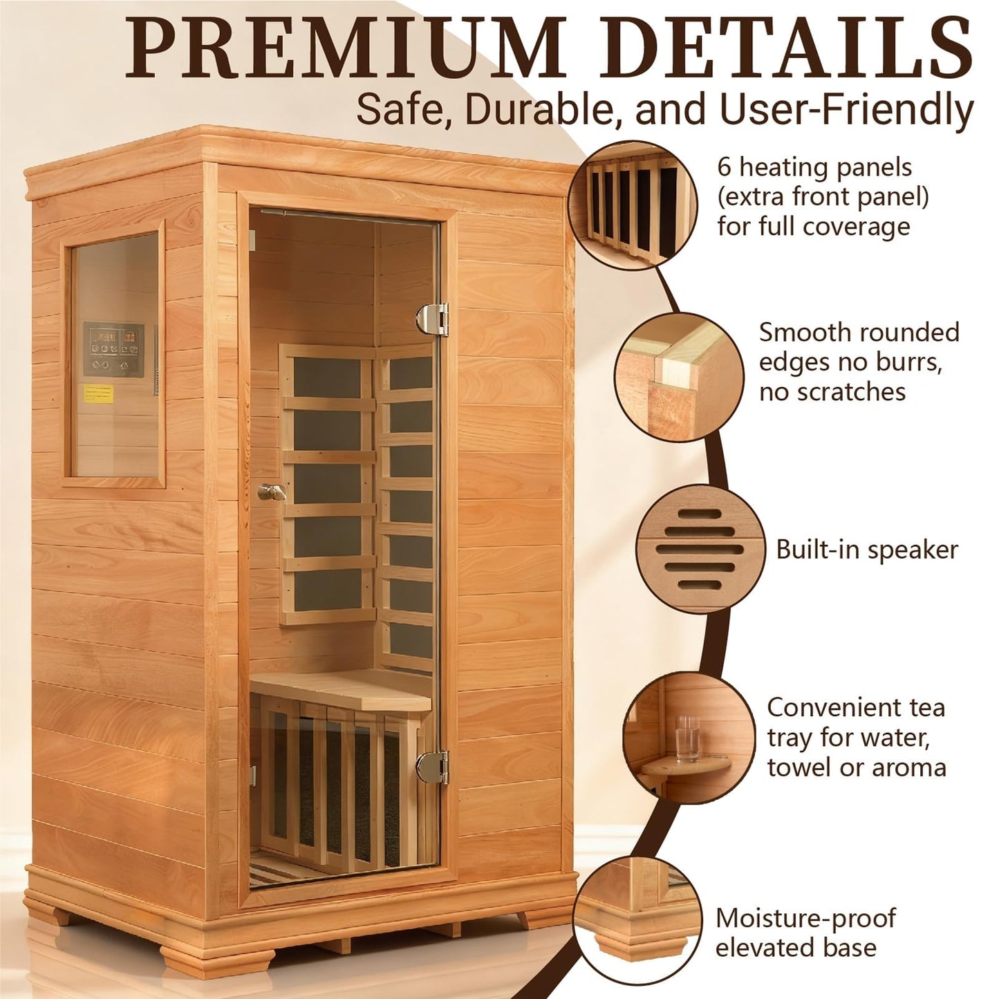 Royal Saunas Hongyuan Far Infrared Sauna for Home 1 Person, Indoor Wooden Sauna Room 960W/120V, Premium Hemlock & Okoume Wood, Low EMF Heating, BT Audio, Vent & Cup Tray