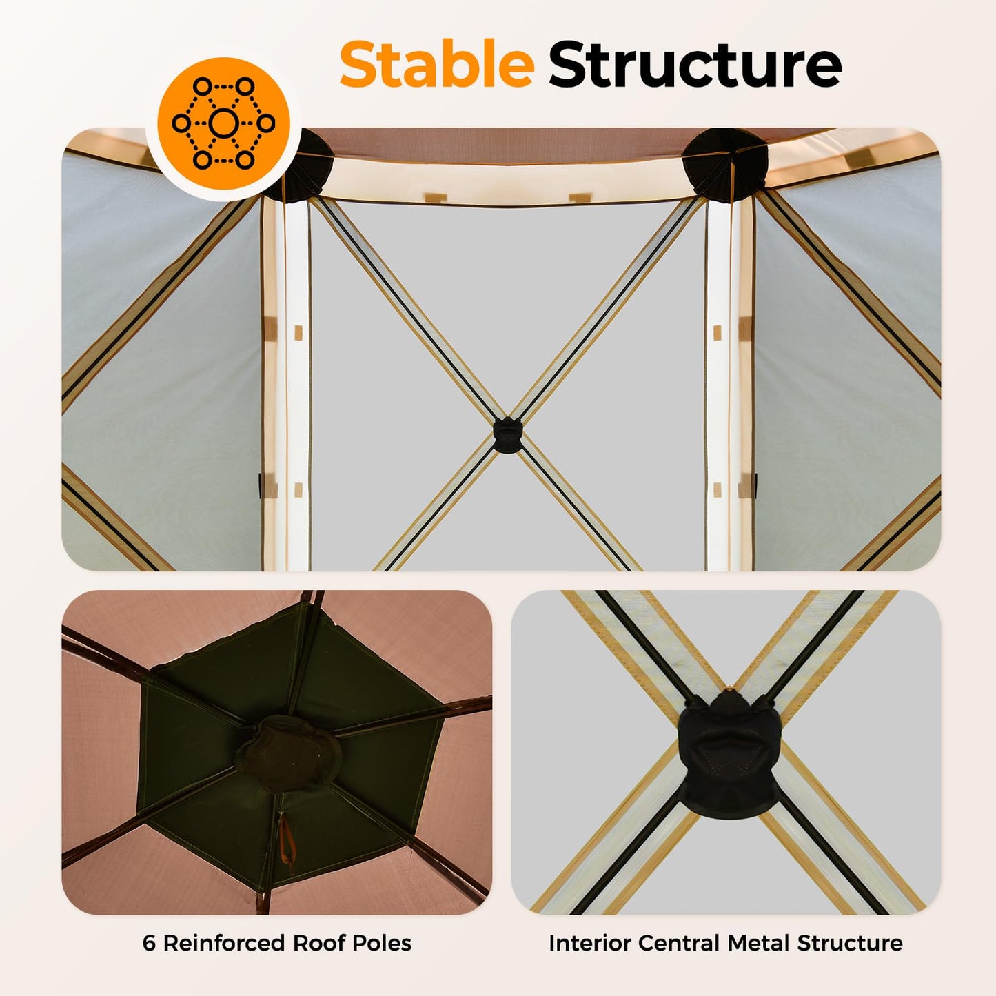 Tecoom 10x10ft 6-Side Pop Up Gazebo Tent, Waterproof Instant Screen with Mosquito Netting, Portable Outdoor Canopy with 4 Removable Wind Cloths, Sun Shelter for Camping, Garden and Picnics, Khaki