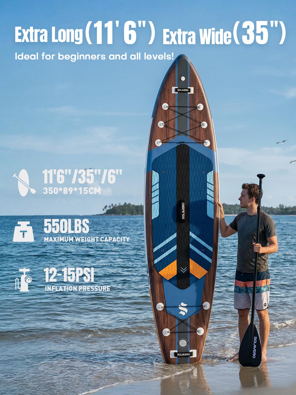 SOLAVERO Inflatable Stand Up Paddle Board with Premium SUP Accessories & Kayak Seat, Wide Stable Anti-Slip EVA Deck, 11'6" Inflatable Paddleboard for Adults & Youth of All Skill Levels (Cobalt Sail)
