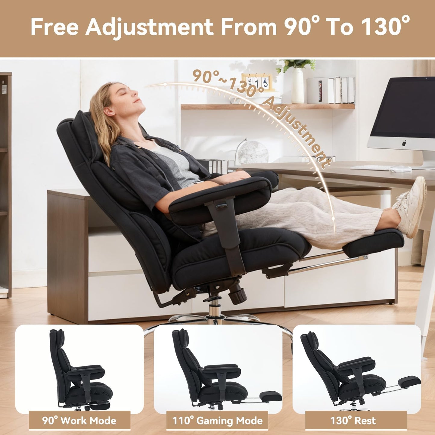 Efomao Big and Tall Office Chair with Footrest - 400lbs Heavy Duty Pocket Spring Desk Chair, 7" Thick Cushion Breathable Fabric Executive Office Chair, Ergonomic Reclining Workstation, Black