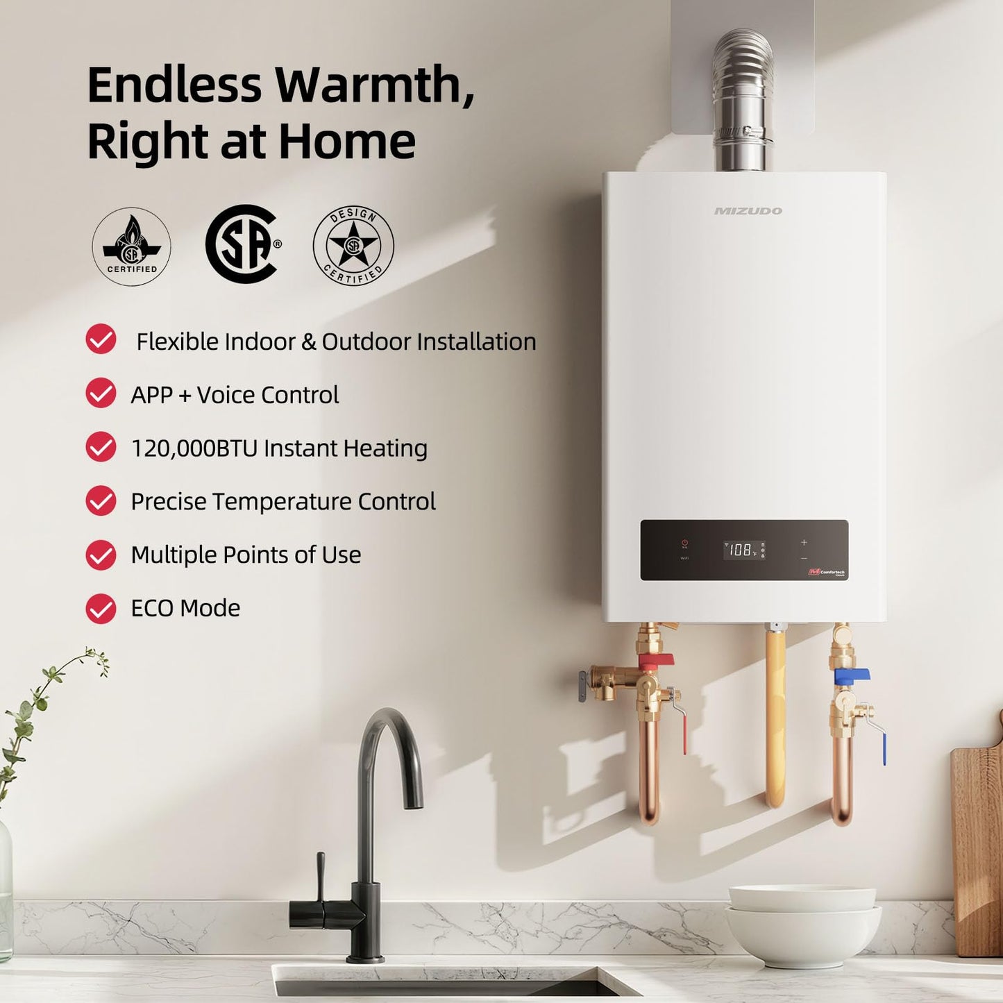 MIZUDO Natural Gas Tankless Water Heater, Indoor or Outdoor Convertible Installation, Max 5.1 GPM 120,000 BTU, WiFi&APP Control CSA Certified for Large Families Whole House, GEN 3