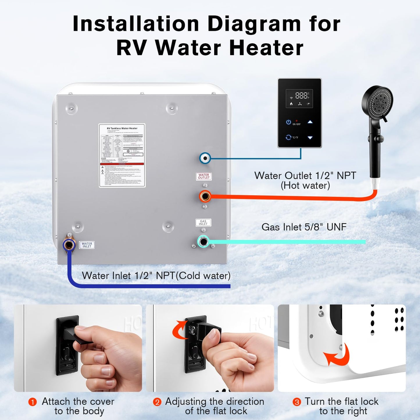 RV Tankless Water Heater, 65000 BTU High Altitude Available, On Demand Instant Hot Water Heater with 16 x 16 inch White Door and Front Water Outlet, DC 12V, Propane-Powered, Compatible with all RVs