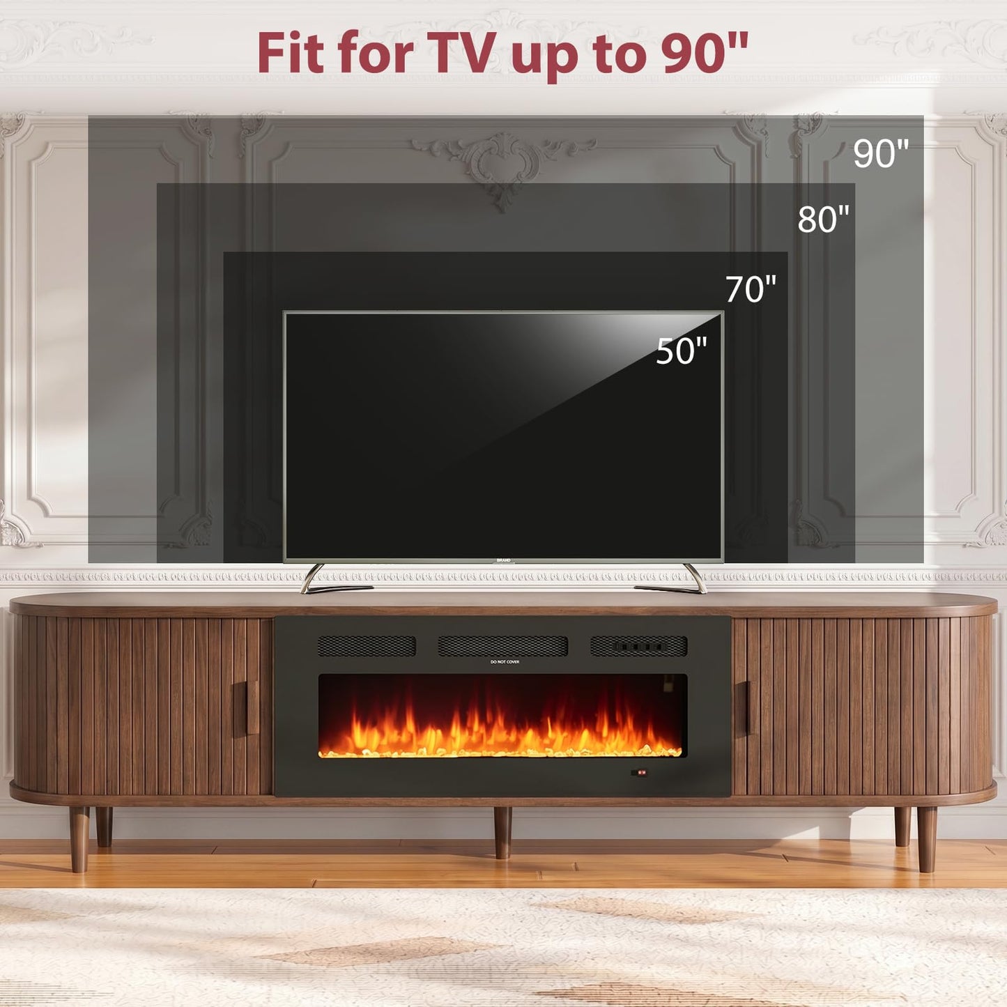 MXV 80″ Fluted Fireplace TV Stand, Mid Century Modern TV Stand with 36″ Fireplace for TVs Up to 90", Entertainment Center with Sliding Door & Solid Wood Legs, for Living Room, Walnut