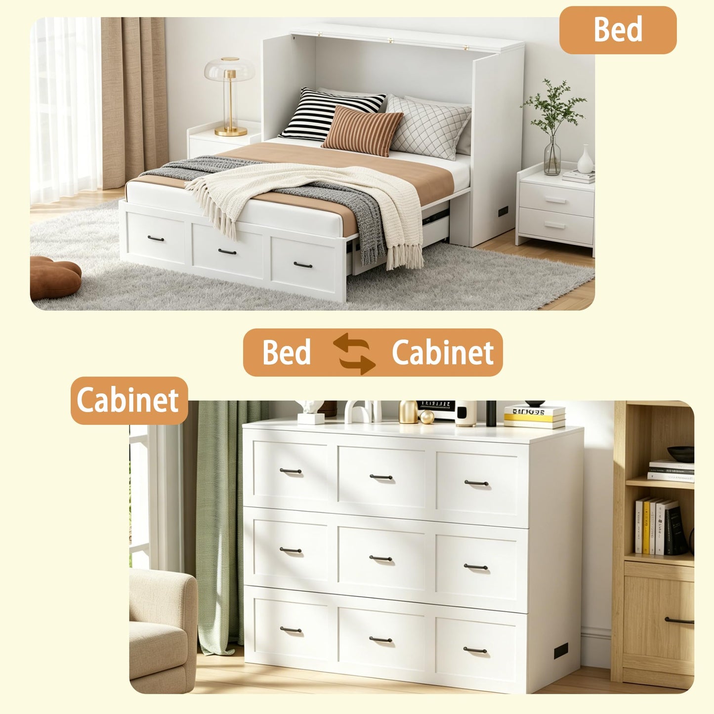NBEETISM Full Size Murphy Bed with Storage & Charging Station – Farmhouse Cabinet Bed, Space Saving & Noise-Free Wall Bed for Guest Bedroom, Living Room, Office, White