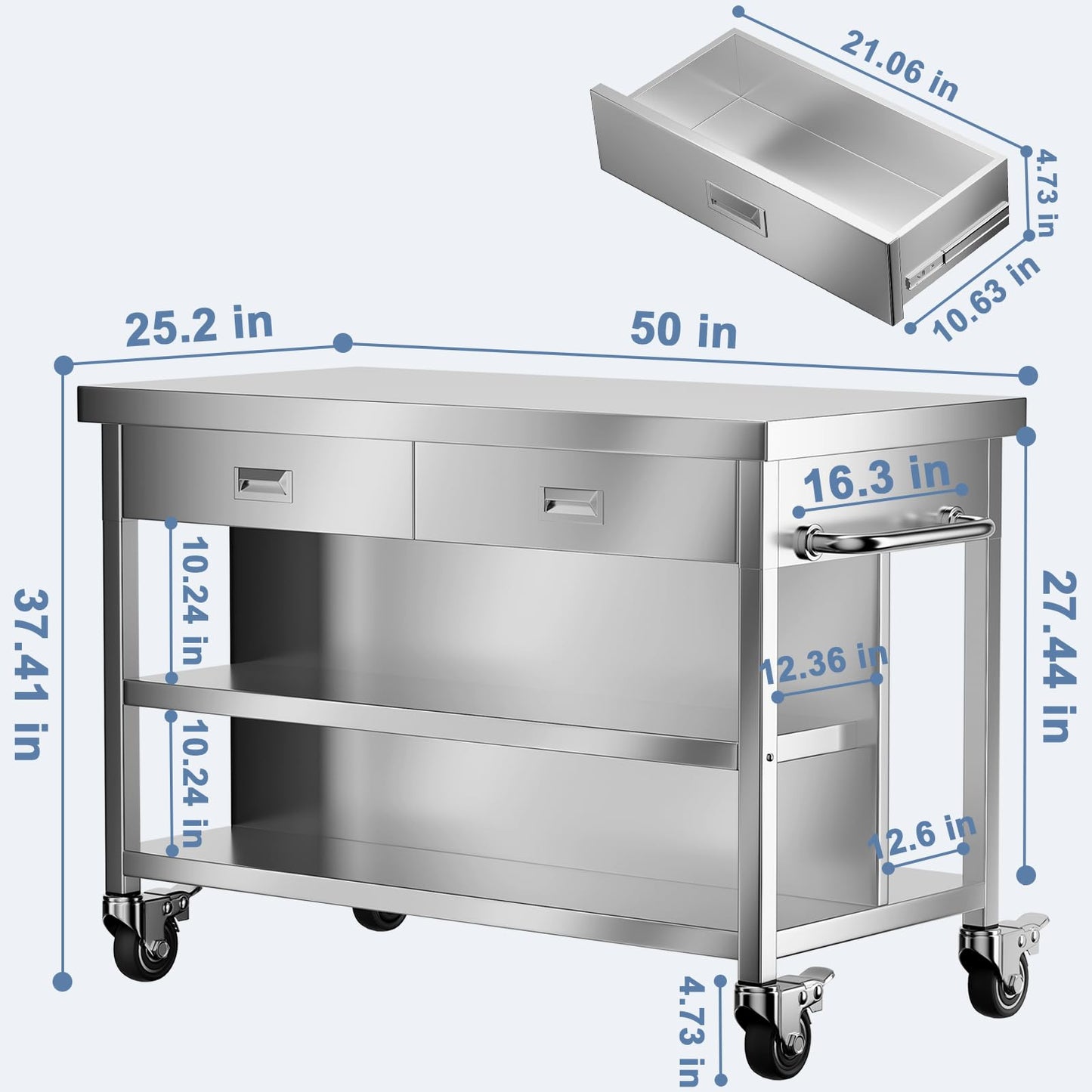KINGBO 50" Stainless Steel Kitchen Island with Storage, Rolling Kitchen Island Table with 2 Drawers on Wheels, Portable Island Cart for Kitchen, Outdoor, Restaurant, Cafe