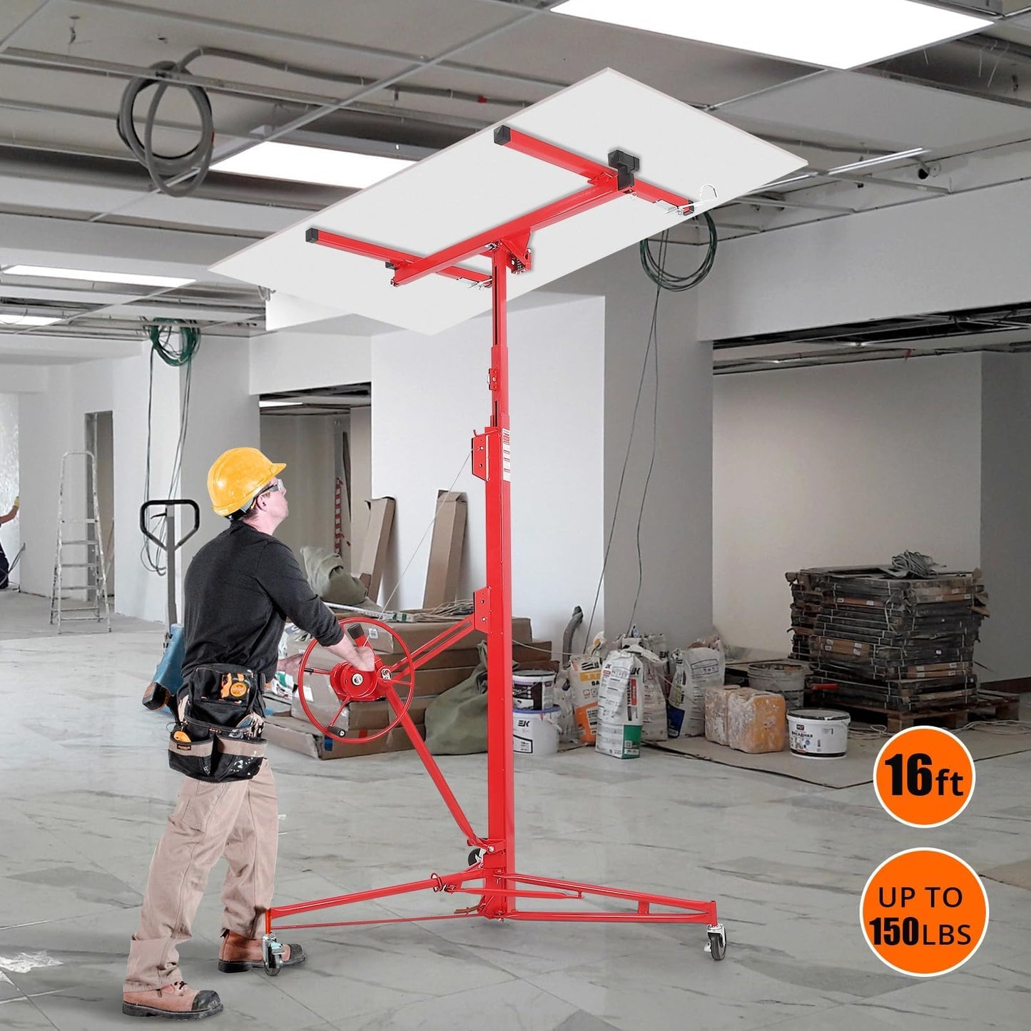 16 FT Drywall Lift, 150 LBS Heavy Duty Drywall Hoist, Foldable Telescoping Panel Lift with 360° Swivel & Locking Wheels for Ceiling & Wall Installation