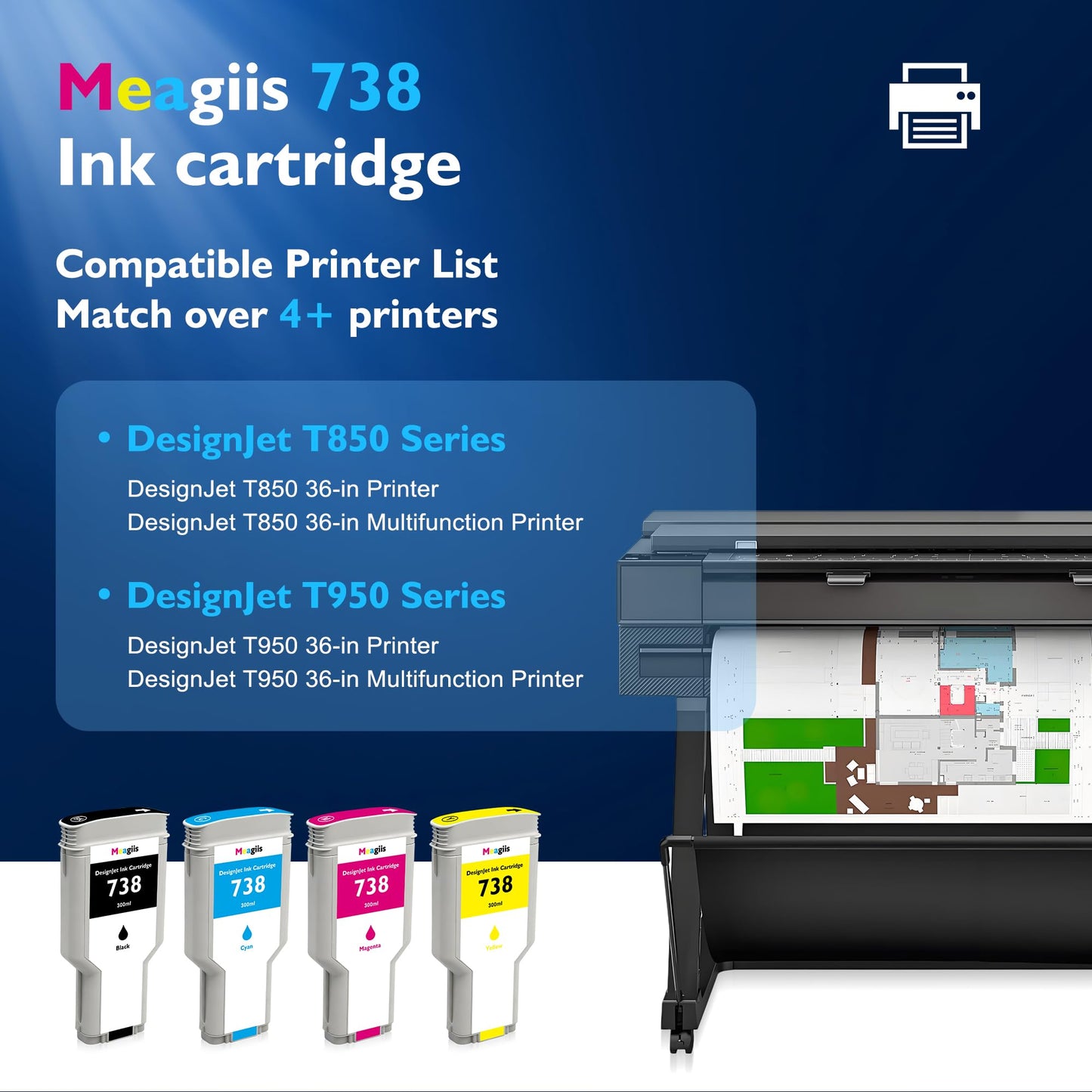 Meagiis 738 Ink Cartridges 300ML with Chip High Capacity Replacement for HP 738 Ink Cartridge 498N8A 676M6A 676M7A 676M8A for DesignJet T850 T950 Wide Format Printer Plotters (738XL Ink, 4-Pack)