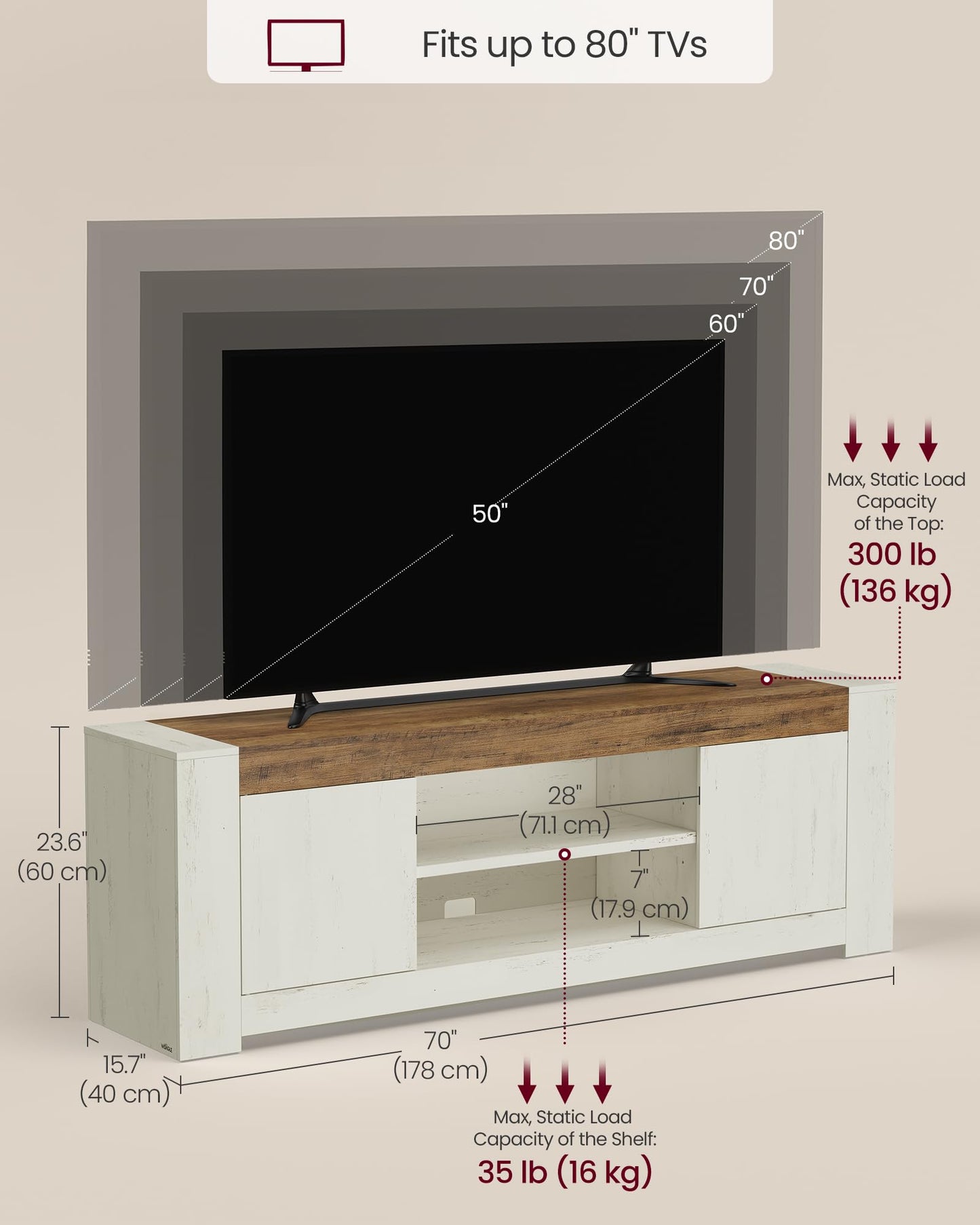 VASAGLE TV Stand, Farmhouse Entertainment Center with Storage Cabinets, Media Console Table for Living Room, Bedroom, for 80 Inch TV, 70 x 15.7 x 23.6 Inches, Rustic White and Honey Brown ULTV624W201S