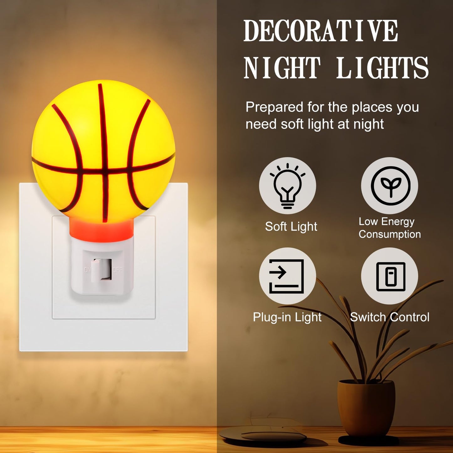 Dreyoo 3 Pack Sport Ball Nightlights - Warm White Plug-in Lamps for Bathroom, Hallway, Living Room - Orange, Black, White, Red