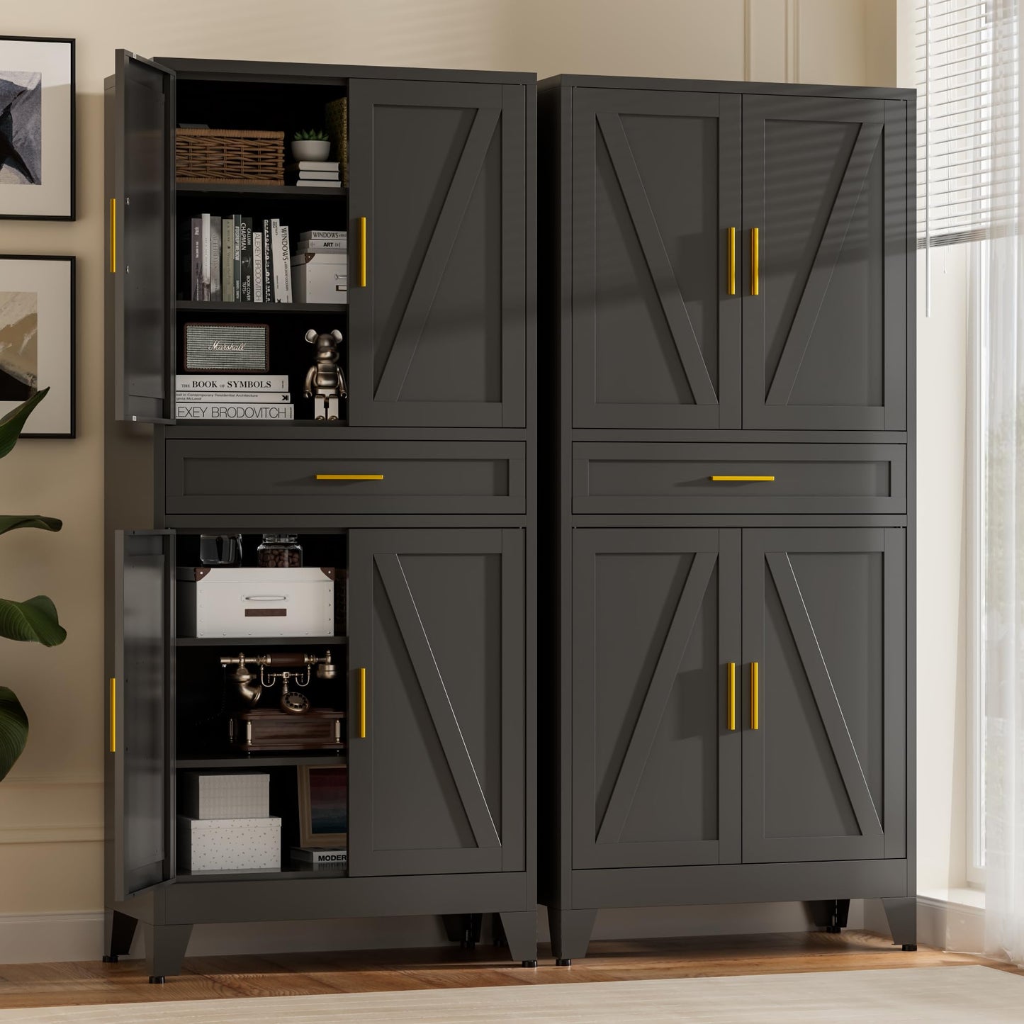Baborokic 71" Tall Metal Storage Cabinet with Drawer and Adjustable Shelves,Farmhouse Kitchen Pantry Storage Cabinet with Doors,Large Wide Cabinets for Craft Room,Office,Dining Room,Kitchen(Black)
