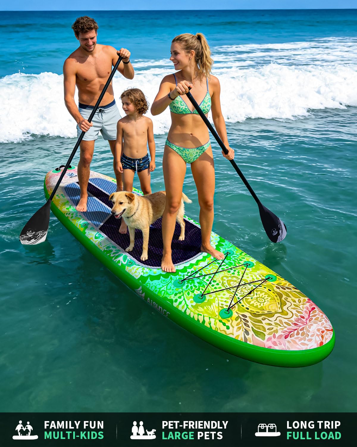 AISUNSS Inflatable Stand Up Paddle Board, 10'6"×33"×6" Extra Wide Stable SUP Board for Adults, Non-Slip Deck ISUP with High-Tracking Center Fin, Complete Paddleboard Kit (Green Meditation)