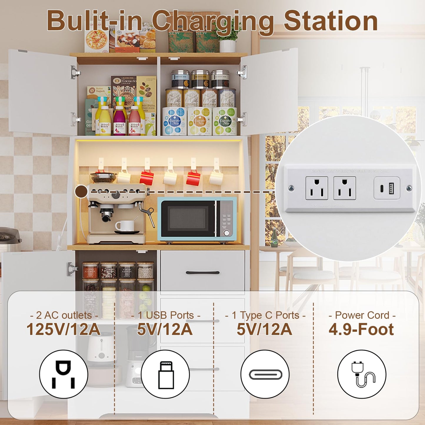 DreamDashio Pantry Cabinet with Adjustable Shelves and 3 Drawers, Tall Kitchen Pantry Storage Cabinet with LED Light & Charging Station, Kitchen Hutch with Microwave Shelf & 6 Hooks for Dining Room