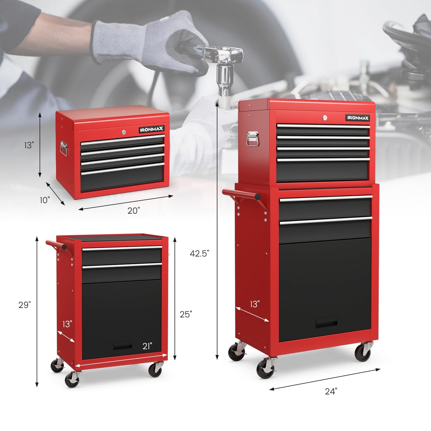 Goplus Tool Chest, 6 Drawers Rolling Tool Cabinet with Detachable Top Toolbox, Universal Lockable Wheels, Protective Liner, Auto Lock, Metal Tool Storage Cart, Tool Box for Garage Workshop
