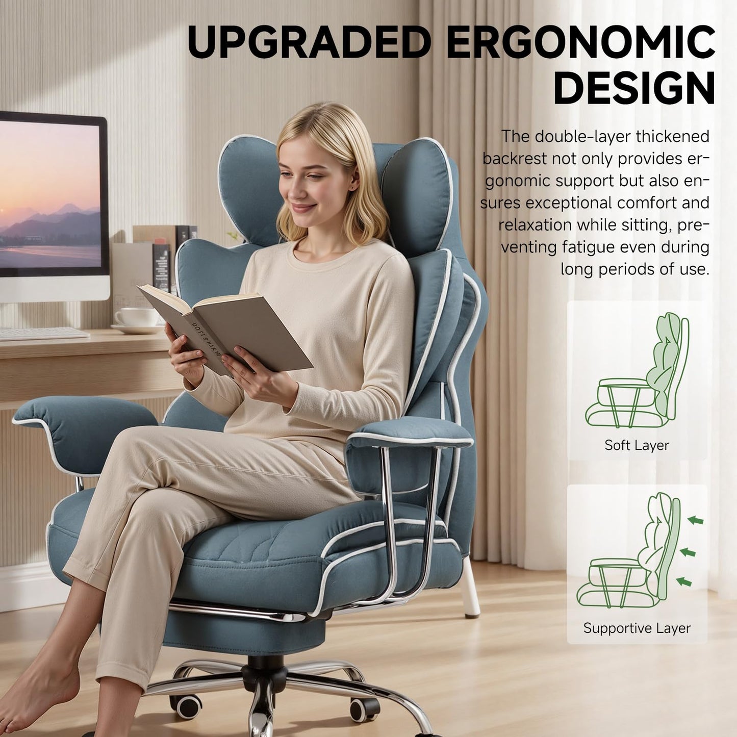 COMHOMA Big and Tall Gaming Chair with Pocket Spring Lumbar Support, Ergonomic Office Chair with Footrest, Executive Desk Chair with Outward Fixed Soft Armrests, Computer Chair with High Back, Blue