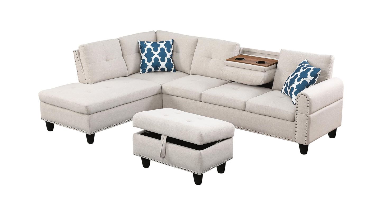 Ball & Cast 98" L Shaped Sectional Couch for Living Room with Storage Ottoman & Nailhead Trim,4 Seat Linen Upholstered Modular Sectional Sofa Set 3 PCS W/Chaise & Cup Holders,for Home,Office,Beige