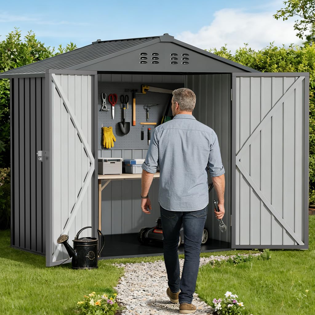 COMHOMA 6'x4' Shed Outdoor Storage Metal, Weatherproof Garden Utility Tool House with Lockable Doors & Adjustable Shelving, Ventilated Backyard Workshop,Grey