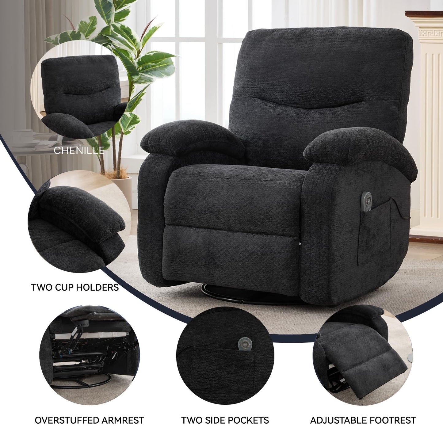 Eafurn 360° Swivel Rocker Recliner Chair for Elderly, Nursery Glider Recliner with Massage and Heating, Comfy Overstuffed Manual Lounge Armchair for Living Room