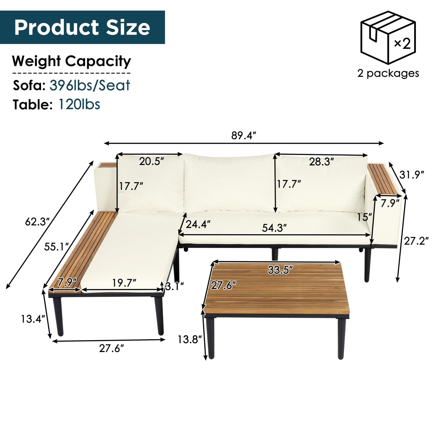 Luxury 4-Piece L-Shaped Outdoor Patio Sofa Set with Acacia Wood Side & Coffee Table, Removable Cushions & Pillows, Metal Frame, Comfortable Modular Conversation Sectional for Backyard, Porch, Beige