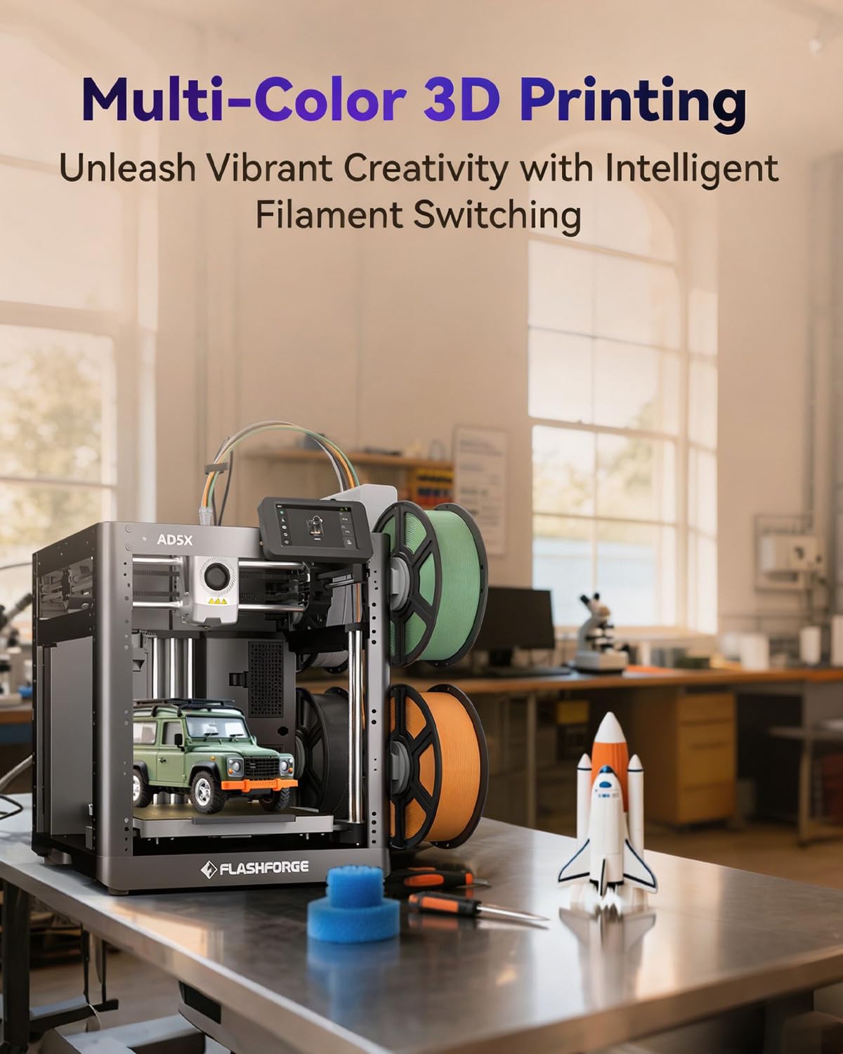 FLASHFORGE AD5X Multi-Color 3D Printer with IFS,Fully Auto Leveling FDM 3D Printer with Max 600mm/s High Speed Printing and Max 300°C Nozzle,Large Printing Size 220 * 220 * 220mm