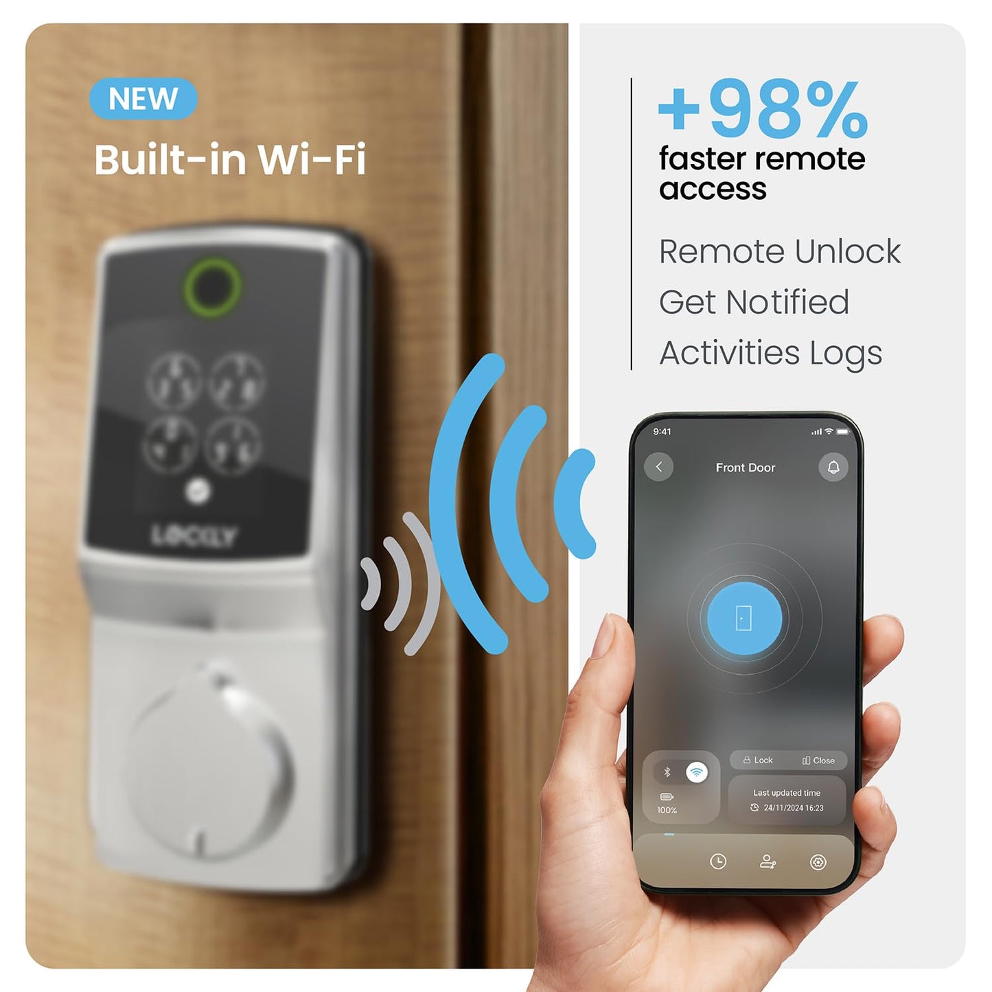 Lockly Secure Pro Smart Lock, 0.2s AI Fingerprint Door Lock, Patented PIN Genie Keypad, Keyless Entry Deadbolt for Front Door, Zinc Alloy, IP65 Waterproof, 2 Backup Keys Included