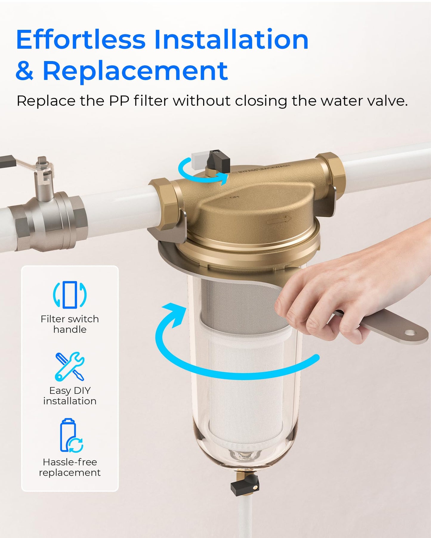 Waterdrop Mega Spin Down Sediment Filter, Reusable Whole House Water Filter System for City Water, Backwash Sediment Water Filter System, 100 Micron+5 Micron PP Filter, 1" MNPT + 3/4" FNPT, BPA Free