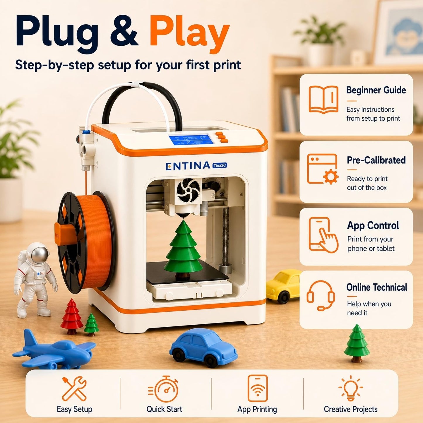 Entina Tina2C 3D Printer for Kids & Beginners, Fully Assembled Starter Mini 3D Printer, Start in 8 Mins, App & WiFi Control, Auto Leveling, 3000+ Model Library, 20+ Creative DIY Modules for STEM, Home