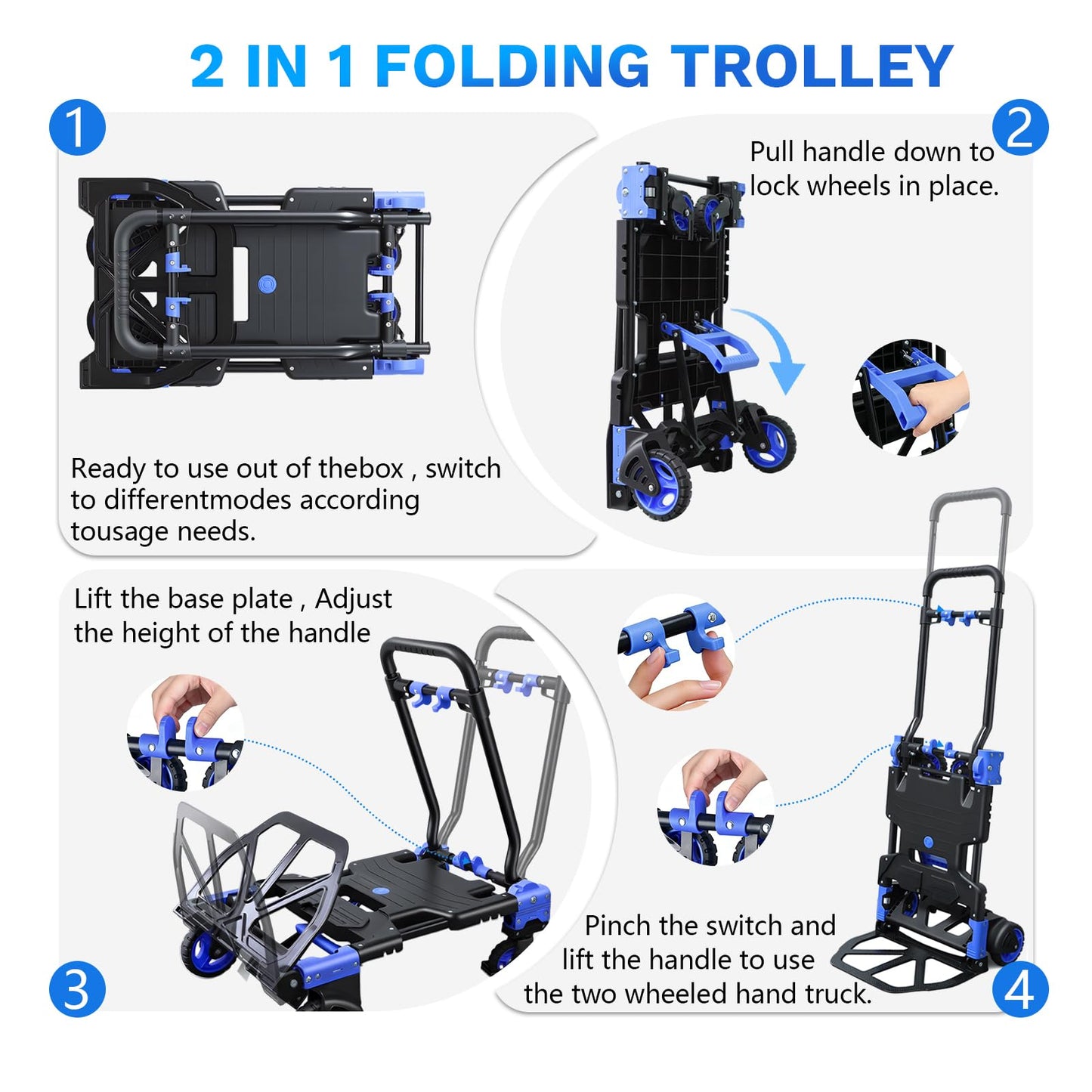 2 in 1 Folding Hand Truck with 2 Folding Basket,330lbs Capacity Heavy Duty Hand Truck,with Telescoping Handle and Rubber Wheels,Portable Dolly Cart with Bungee Cords for Moving,Travel,Shopping
